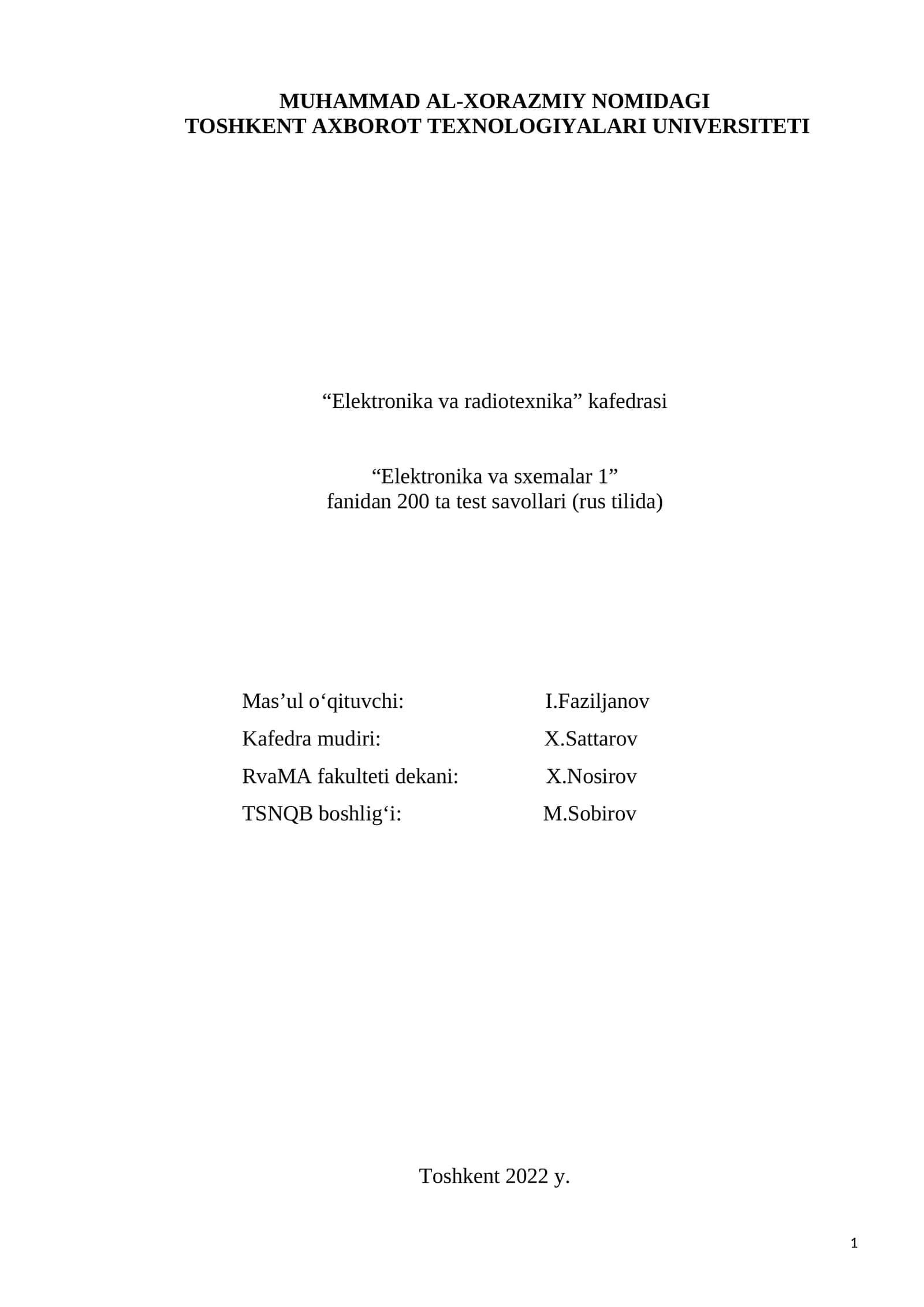 Elektronika va sxemalar 1 - fanidan 200 ta test savollari