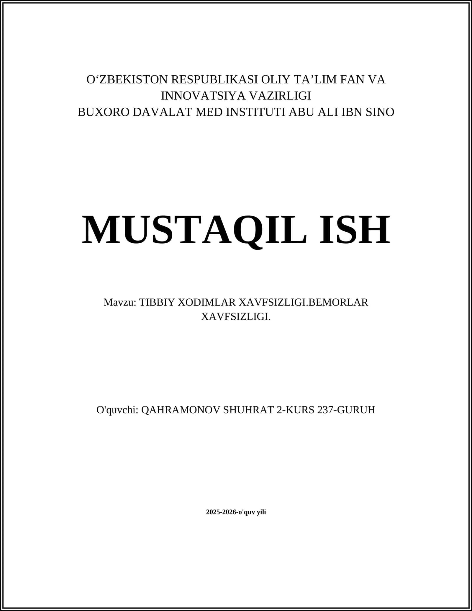 TIBBIY XODIMLAR XAVFSIZLIGI.BEMORLAR XAVFSIZLIGI