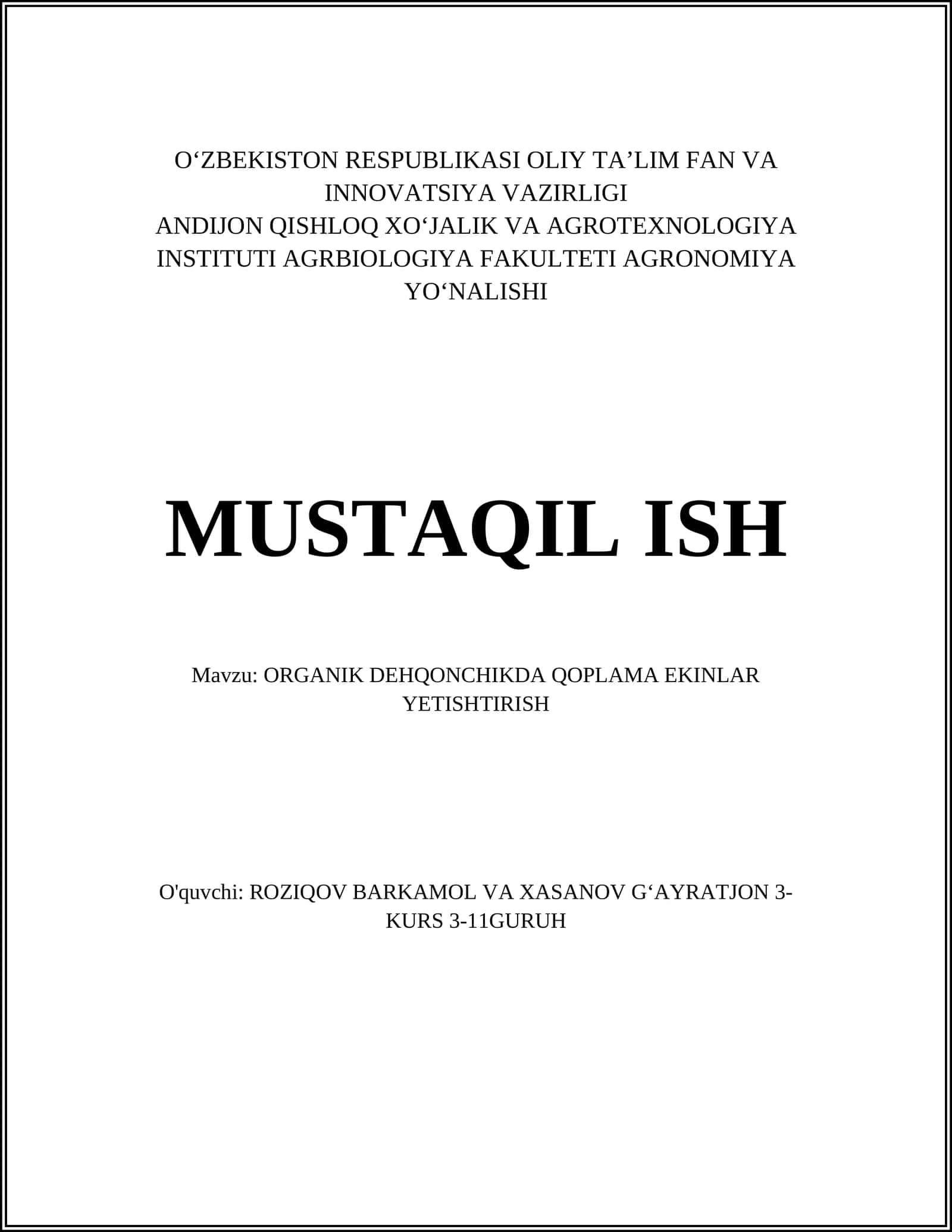 ORGANIK DEHQONCHIKDA QOPLAMA EKINLAR YETISHTIRISH