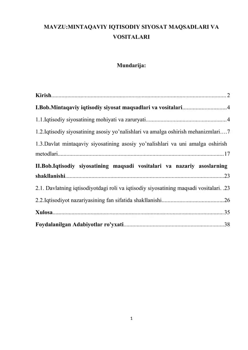MINTAQAVIY IQTISODIY SIYOSAT MAQSADLARI VA VOSITALARI
