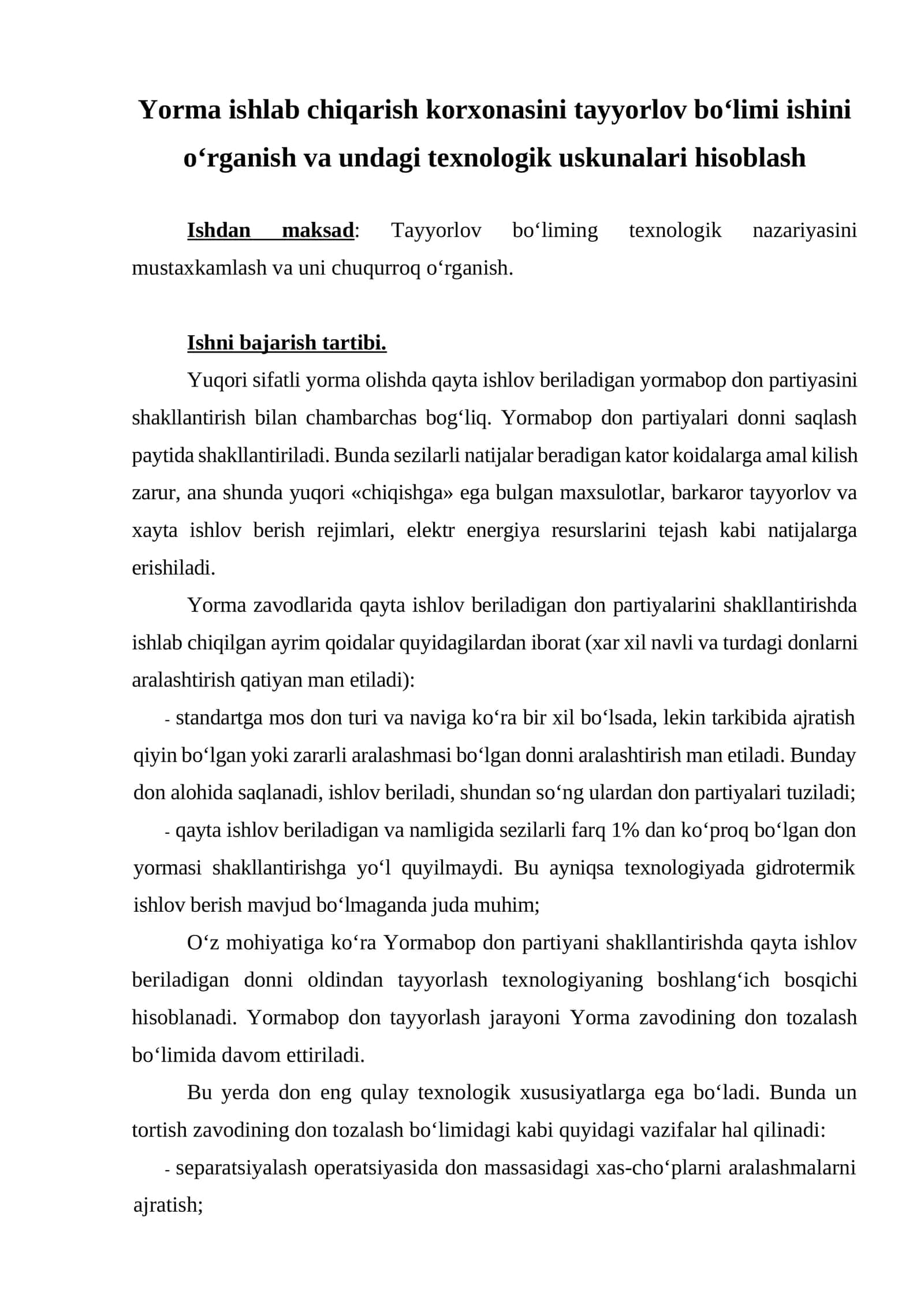 Yormabop don partiyalari uchun texnologik uskunalar