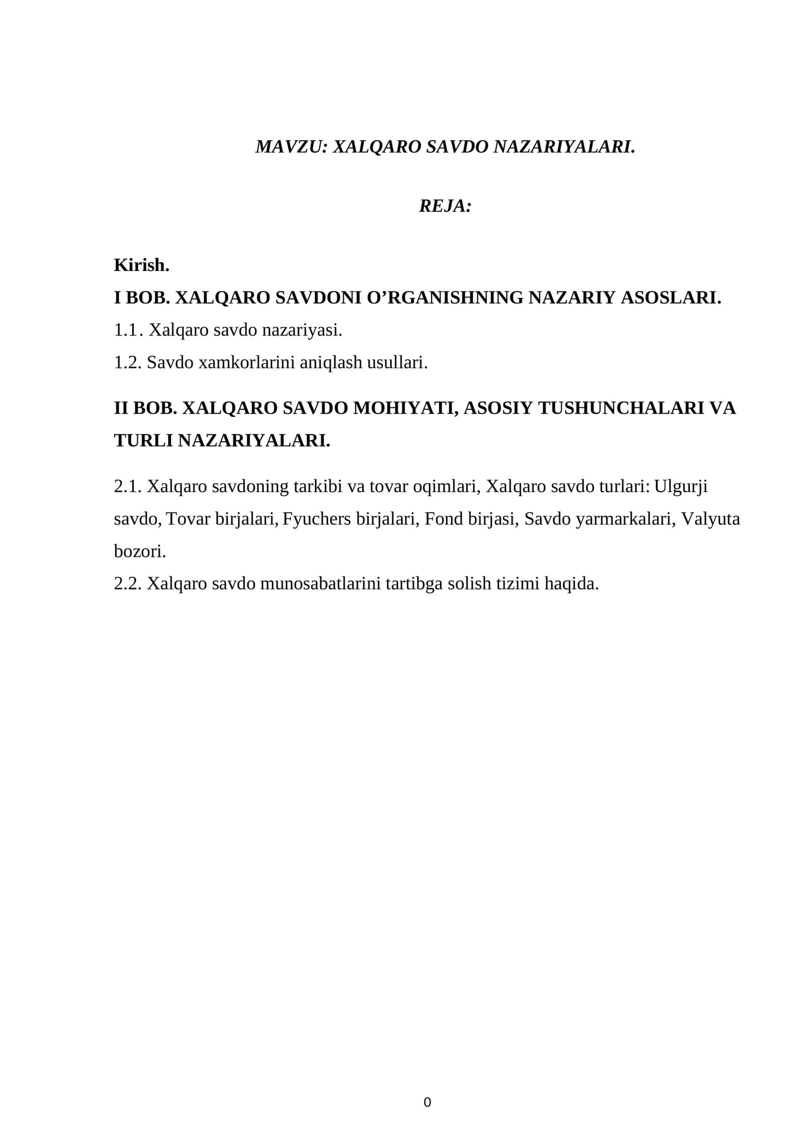 XALQARO SAVDO NAZARIYALARI