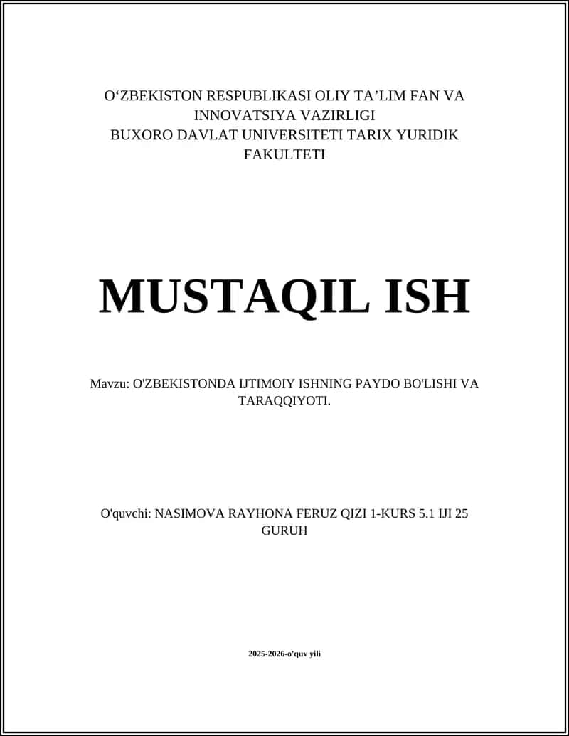 O'ZBEKISTONDA IJTIMOIY ISHNING PAYDO BO'LISHI VA TARAQQIYOTI
