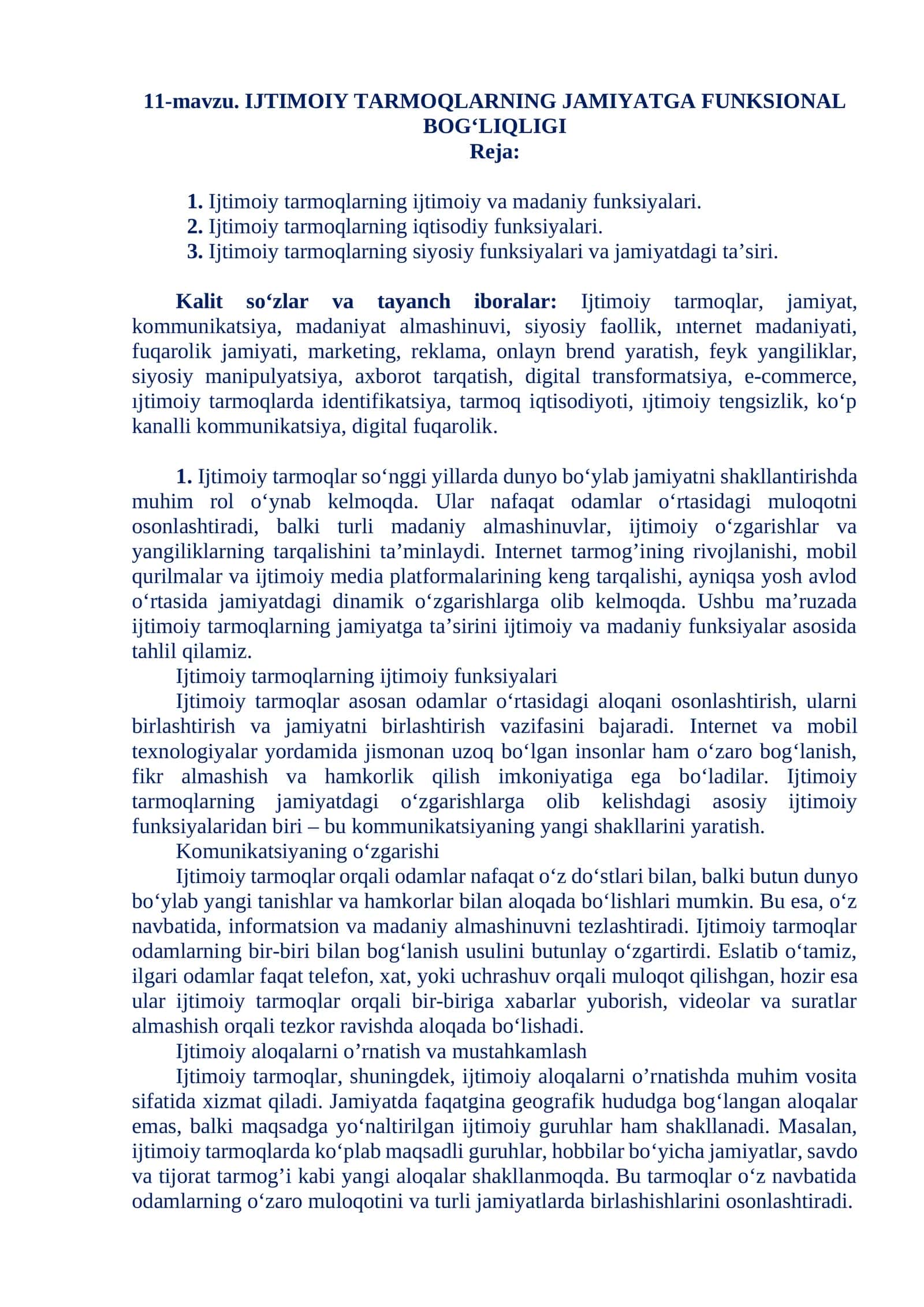 IJTIMOIY TARMOQLARNING JAMIYATGA FUNKSIONAL BOG‘LIQLIGI