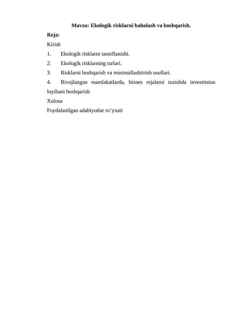 Ekologik risklarni baholash va boshqarish