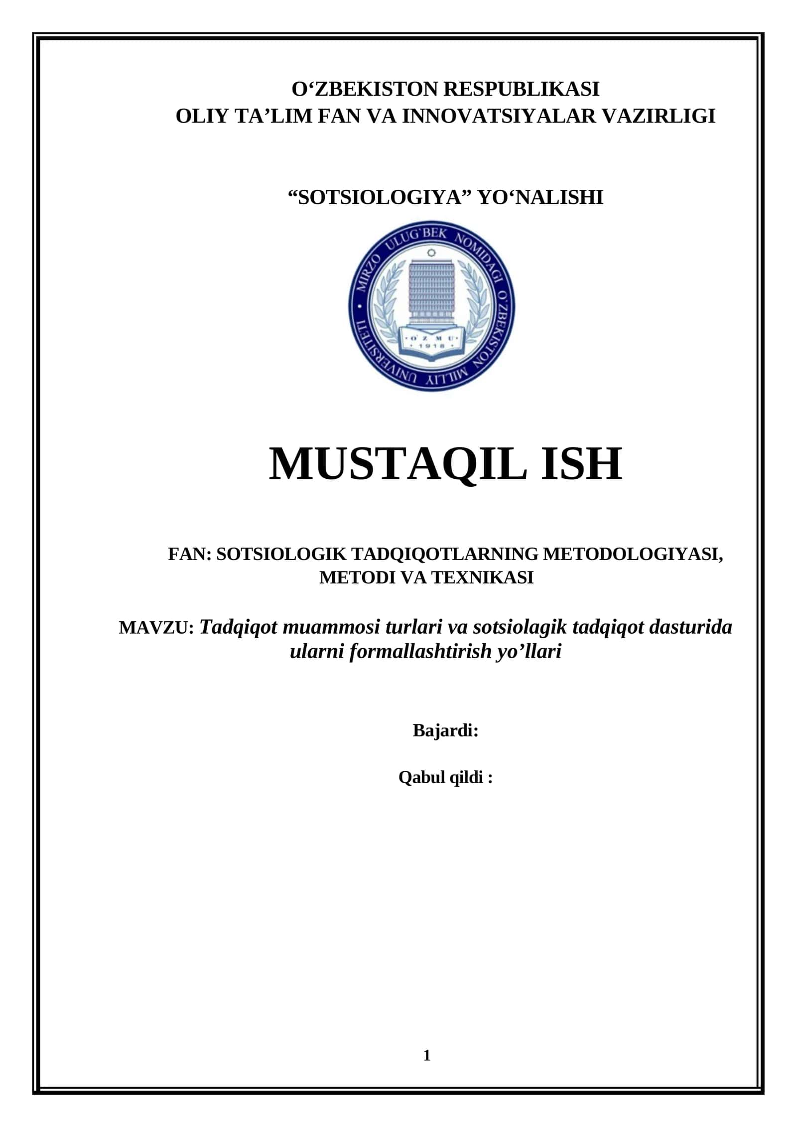 SOTSILOGIYA YO‘NALISHI MUSTAQIL ISH