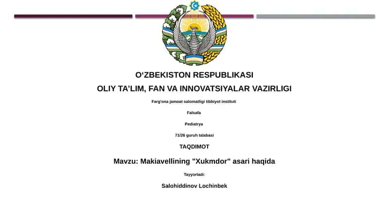 Makiavellining "Xukmdor" asari haqida