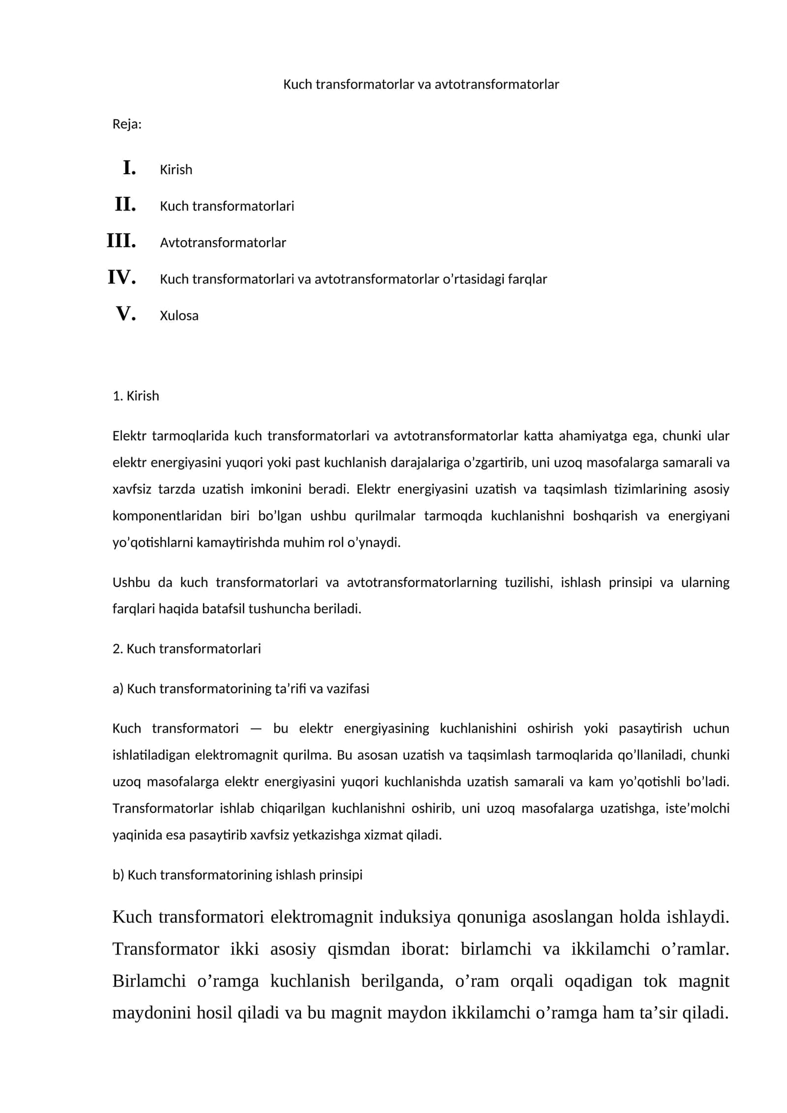 Kuch transformatorlar va avtotransformatorlar