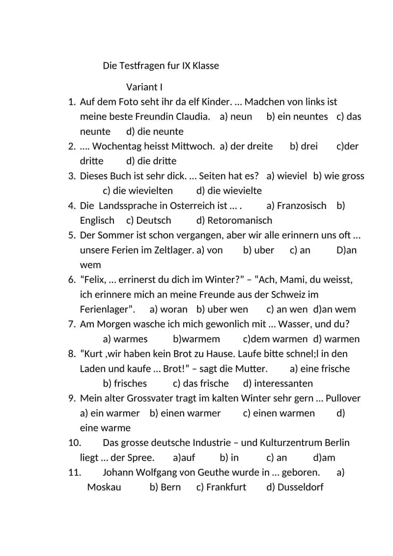 Die Testfragen fur IX Klasse