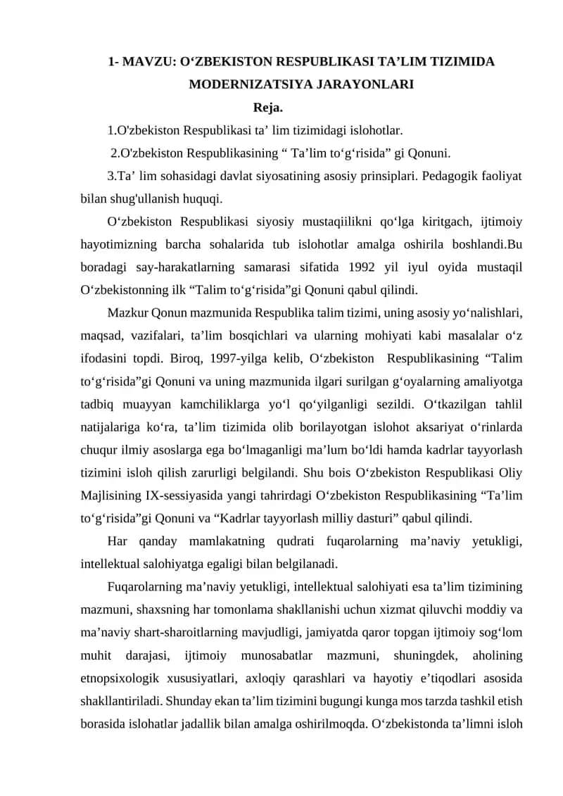 О‘ZBEKISTОN RESРUBLIKАSI TА’LIM TIZIMIDА MОDERNIZАTSIYА JАRАYОNLАRI