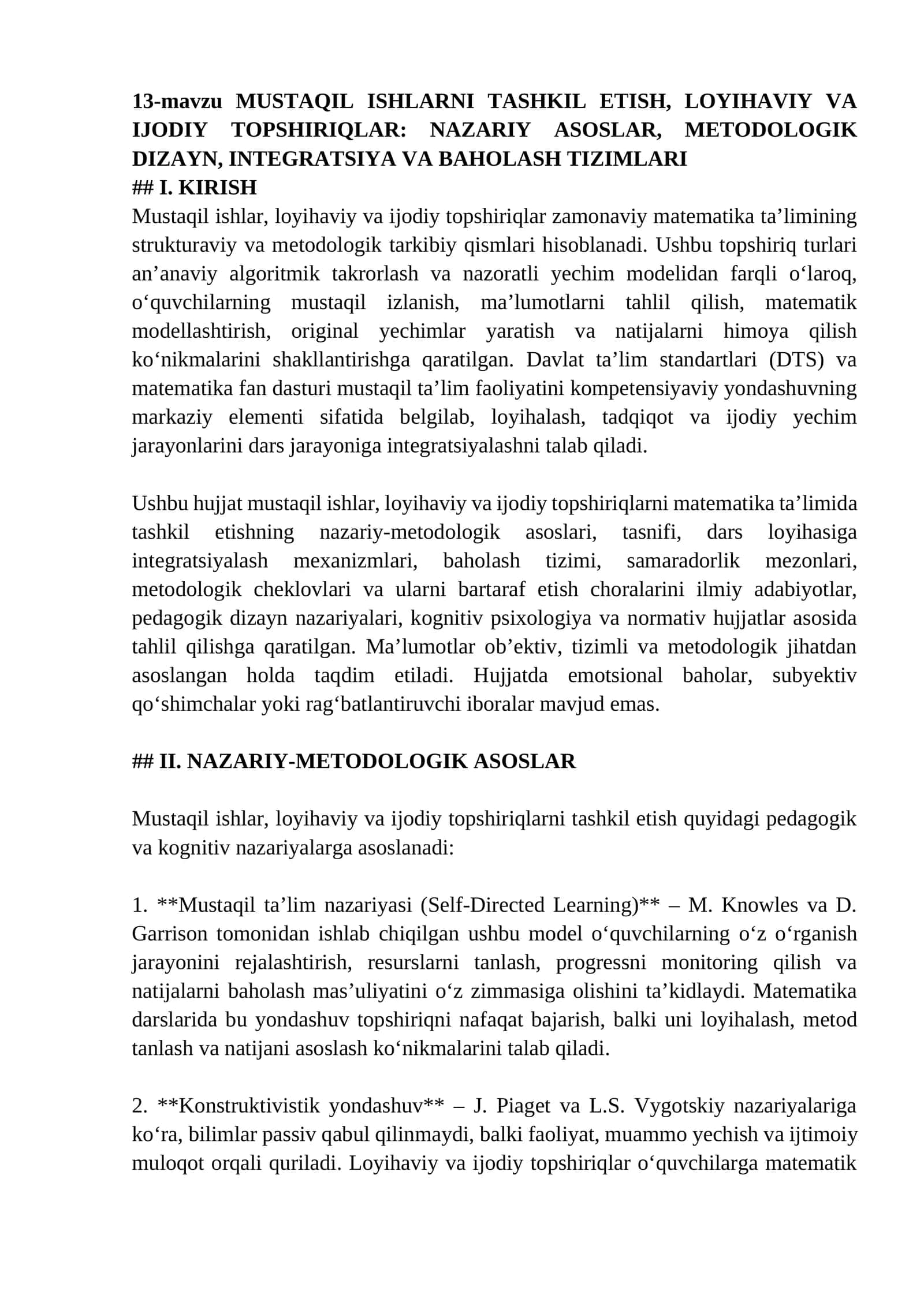 MUSTAQIL ISHLARNI TASHKIL ETISH, LOYIHAVIY VA IJODIY TOPSHIRIQLAR