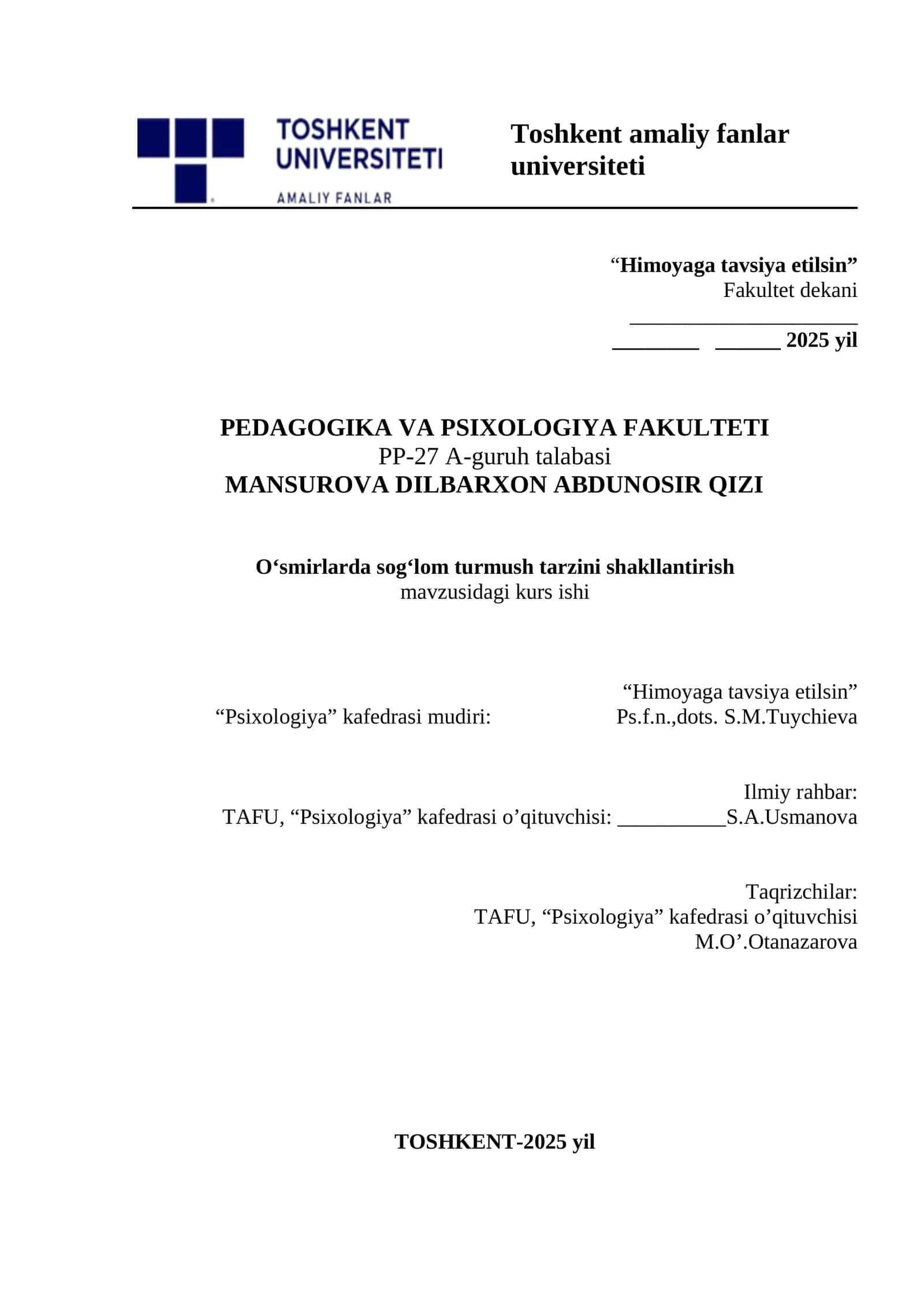 O‘smirlarda sog‘lom turmush tarzini shakllantirish mavzusidagi kurs ishi