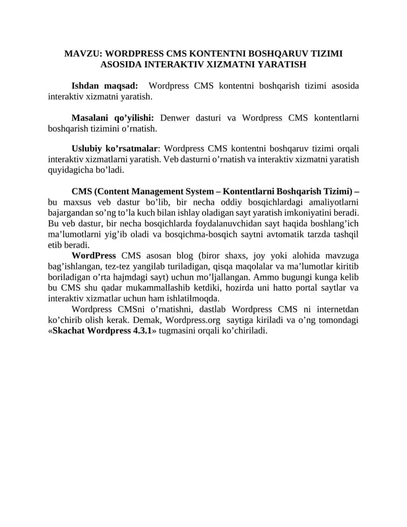 WORDPRESS CMS KONTENTNI BOSHQARUV TIZIMI ASOSIDA INTERAKTIV XIZMATNI YARATISH