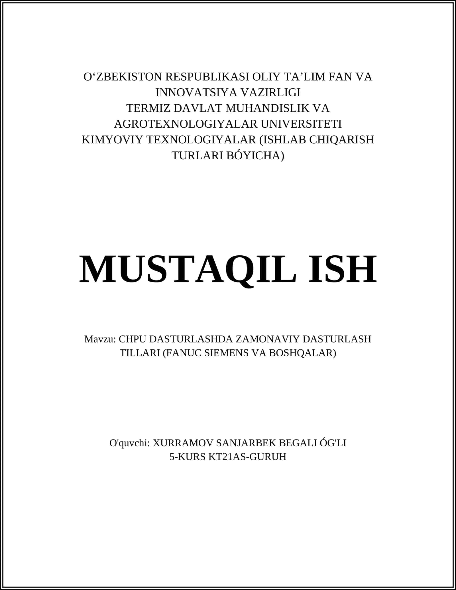 CHPU DASTURLASHDA ZAMONAVIY DASTURLASH TILLARI (FANUC SIEMENS VA BOSHQALAR)