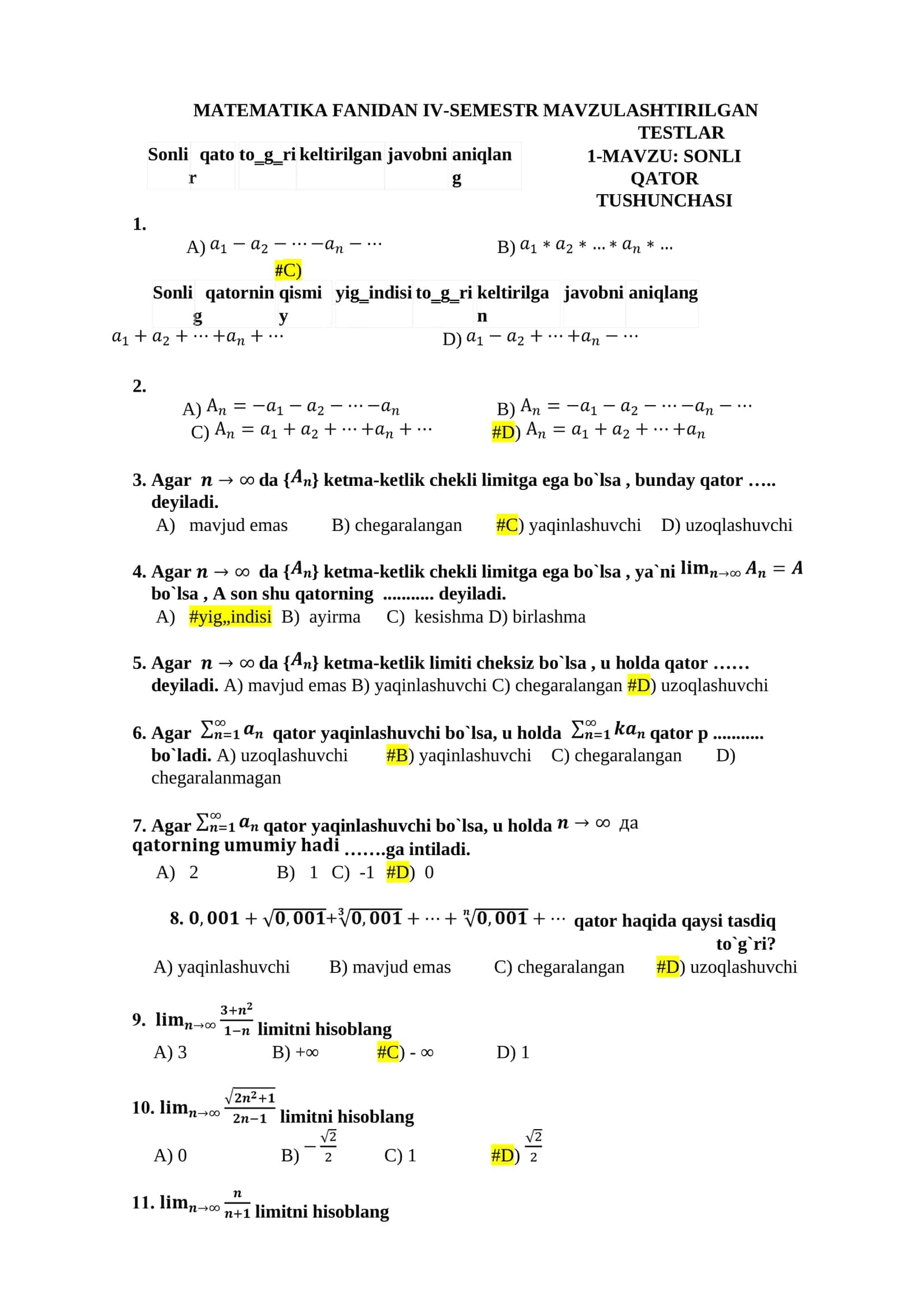 MATEMATIKA FANIDAN IV-SEMESTR MAVZULASHTIRILGAN TESTLAR