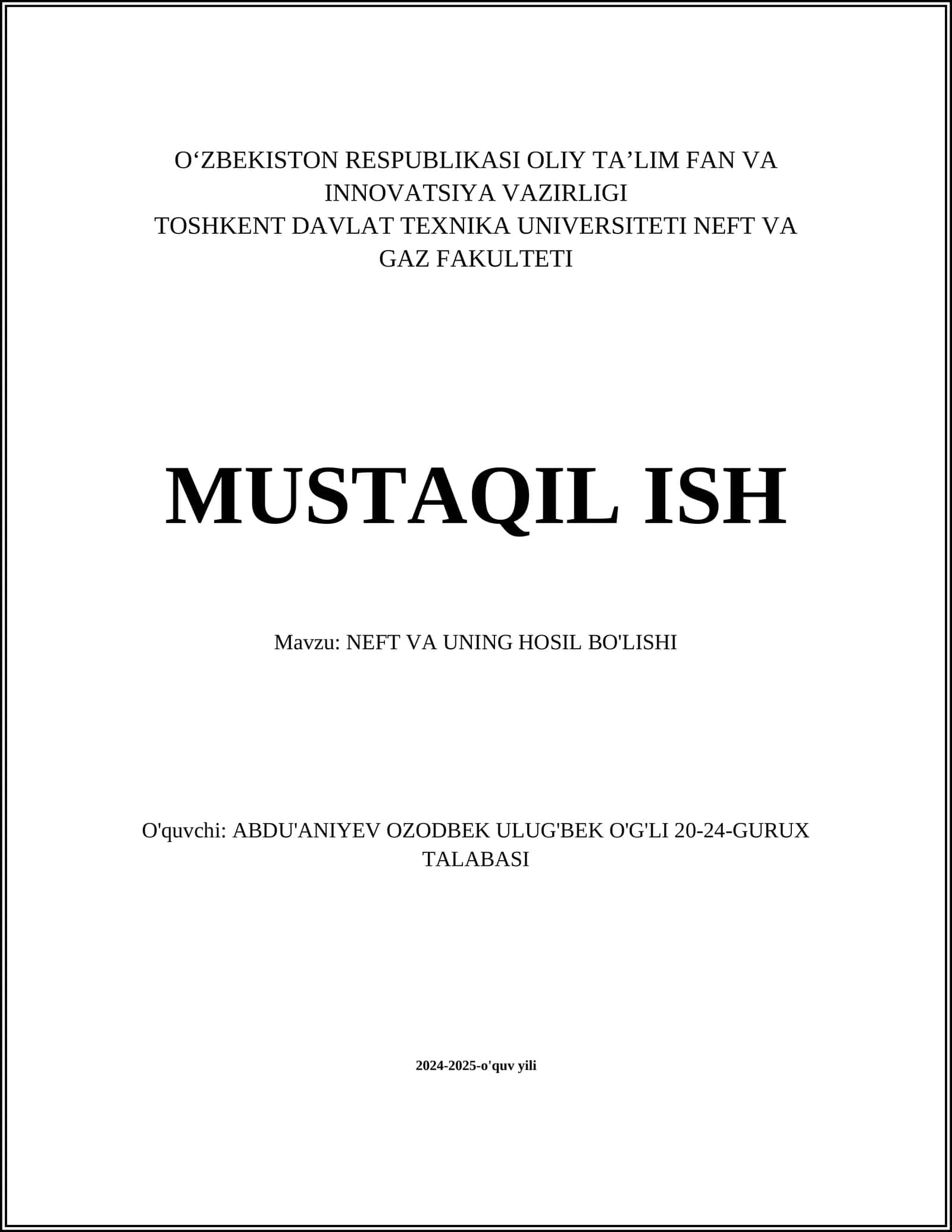 NEFT VA UNING HOSIL BO'LISHI