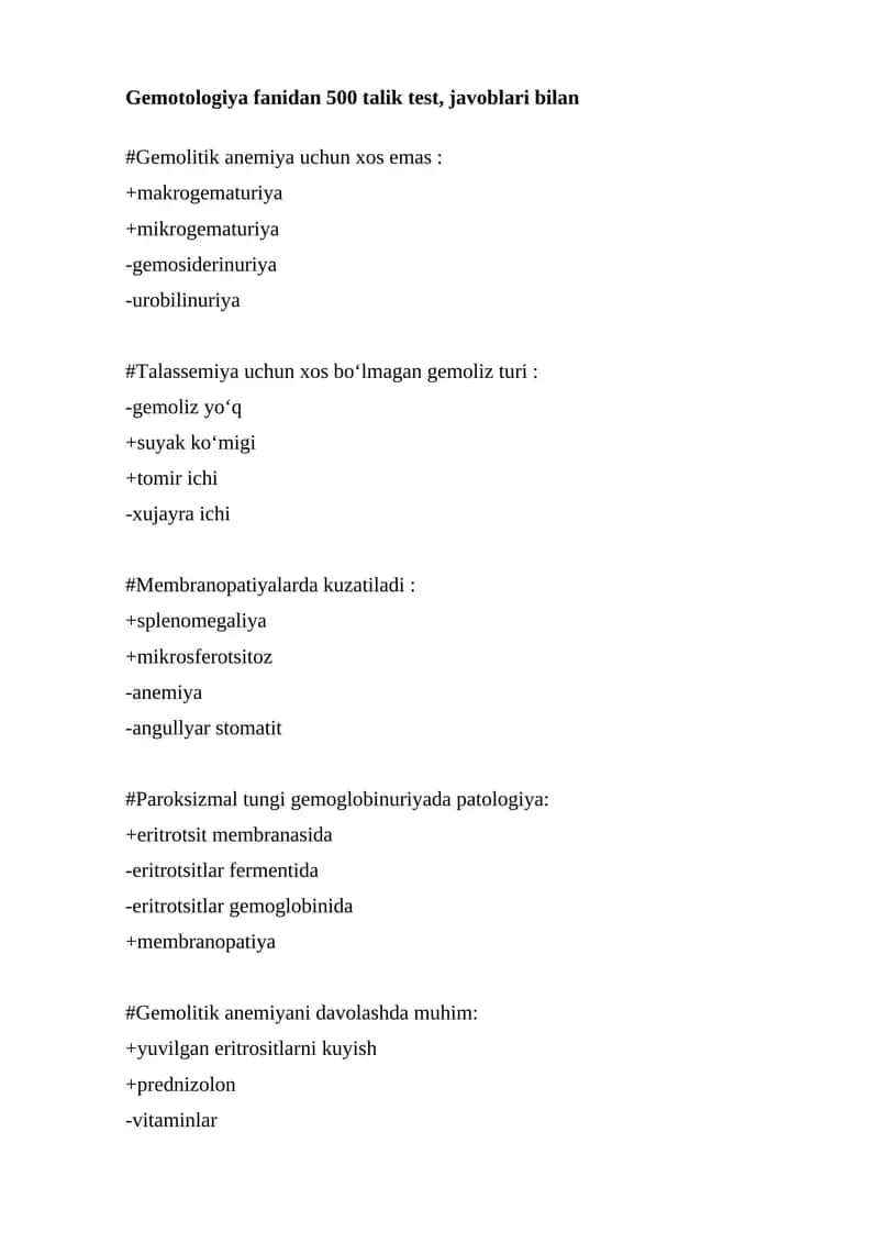 Gemotologiya fanidan 500 talik test, javoblari bilan