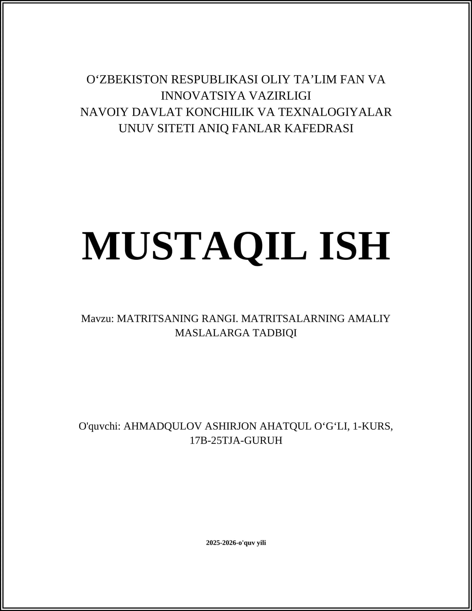 MATRITSANING RANGI. MATRITSALARNING AMALIY MASLALARGA TADBIQI