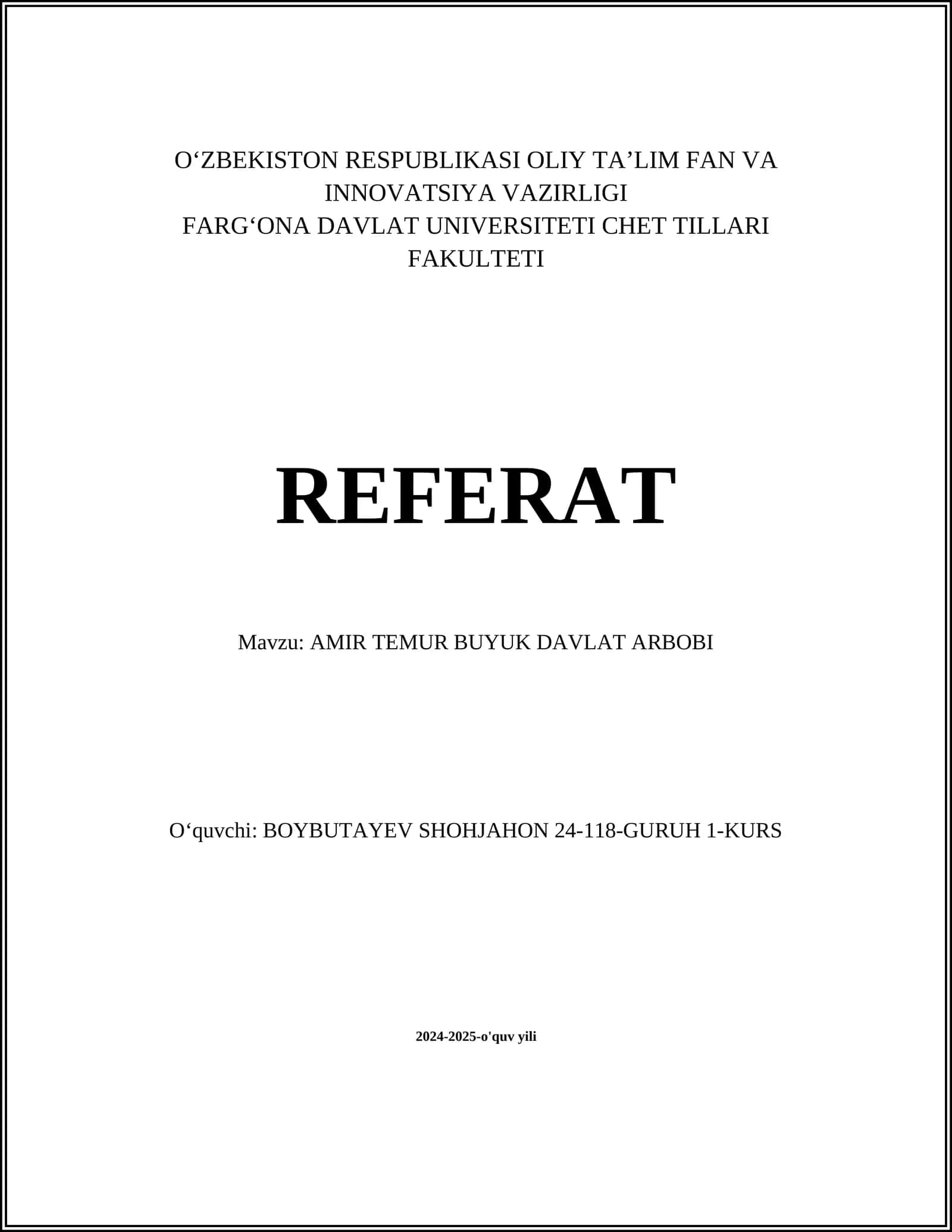 AMIR TEMUR BUYUK DAVLAT ARBOBI