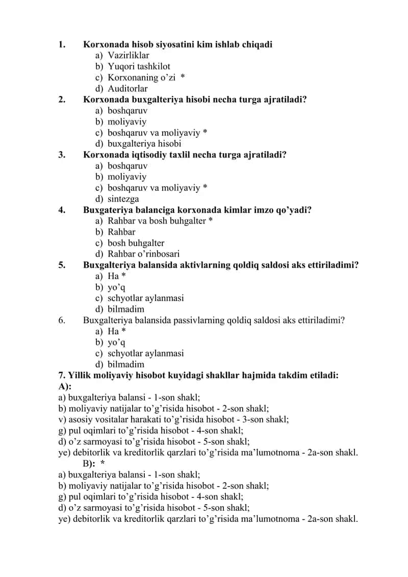 Moliyaviy tahlil bo'yicha testlaR