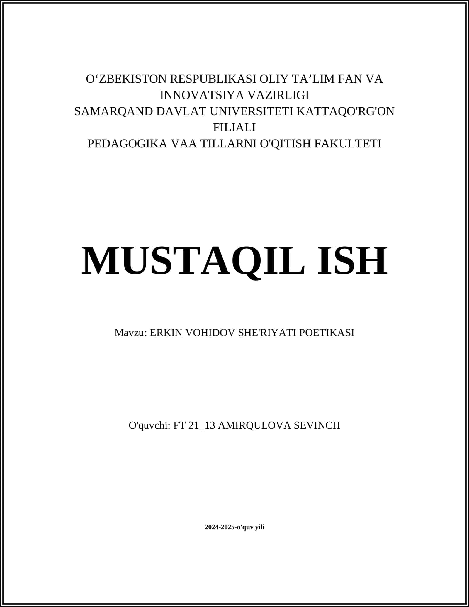 ERKIN VOHIDOV SHE'RIYATI POETIKASI