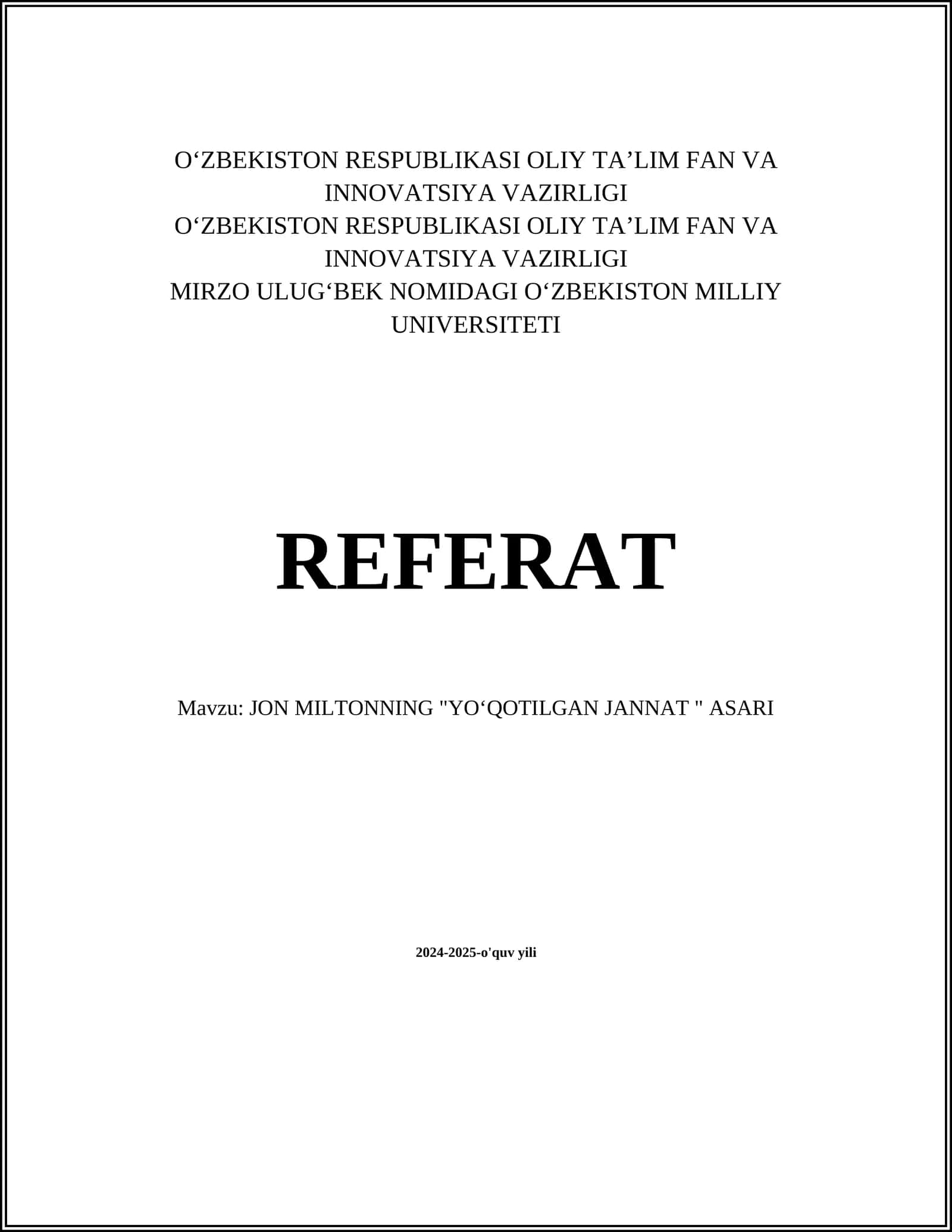JON MILTONNING "YOʻQOTILGAN JANNAT " ASARI