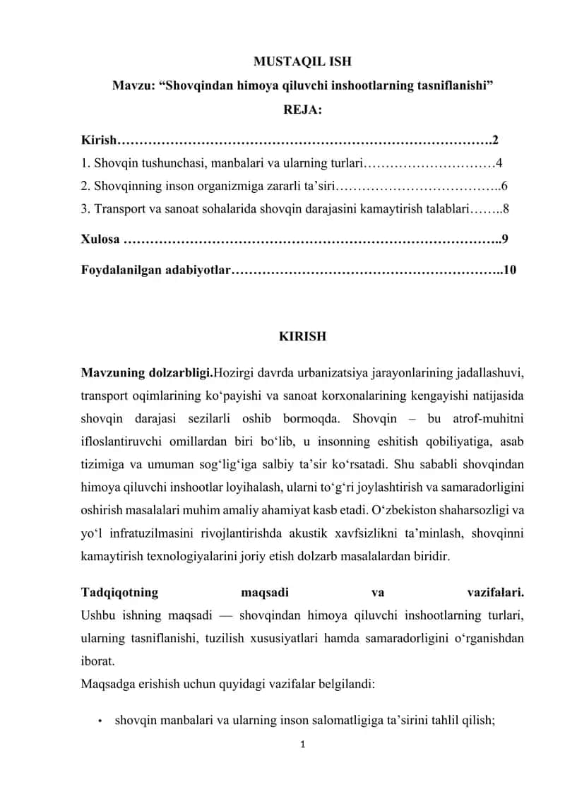 Shovqindan himoya qiluvchi inshootlarning tasniflanishi