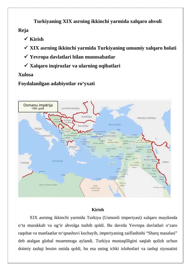 Turkiyaning XIX asrning ikkinchi yarmida xalqaro ahvoli