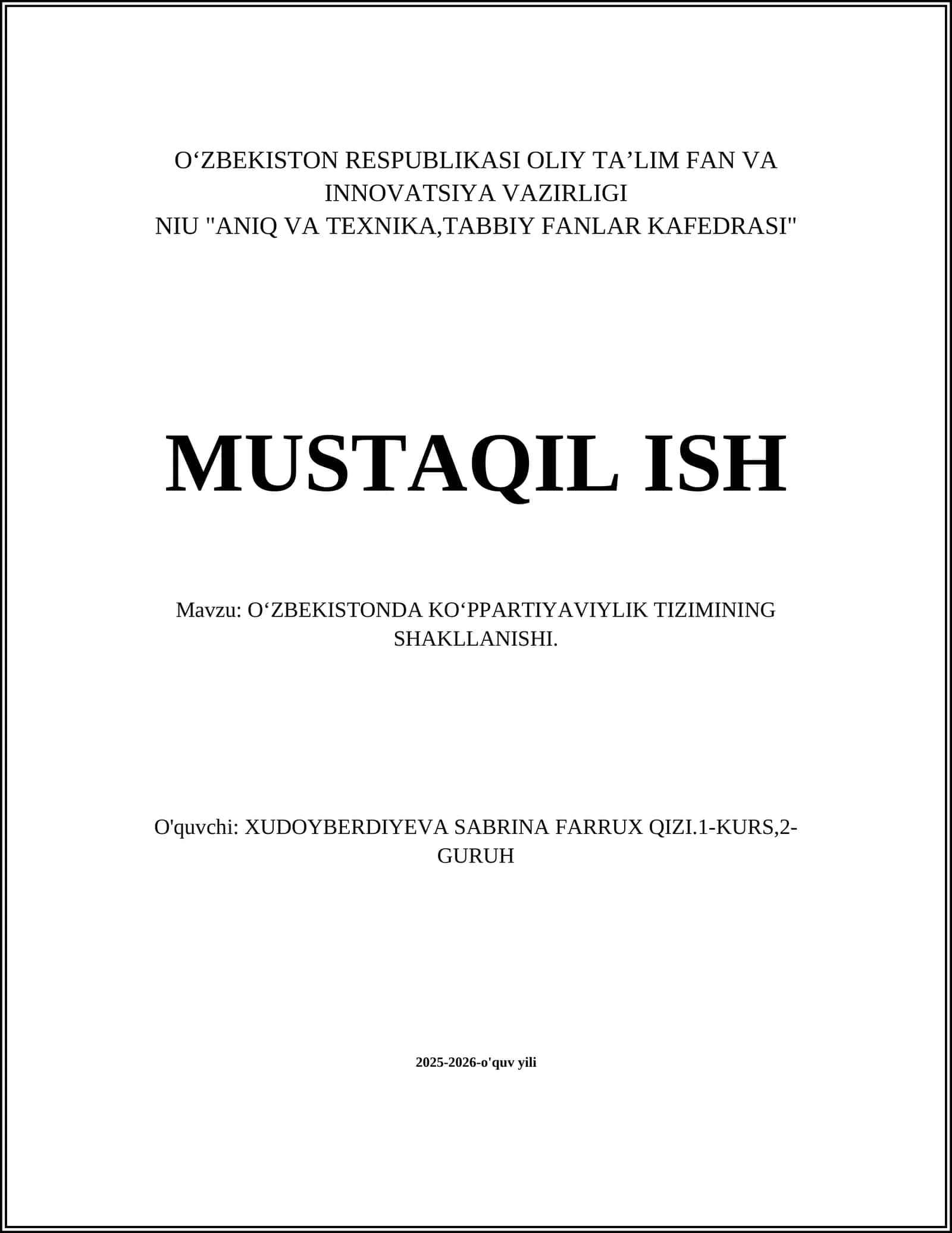 OʻZBEKISTONDA KOʻPPARTIYAVIYLIK TIZIMINING SHAKLLANISHI