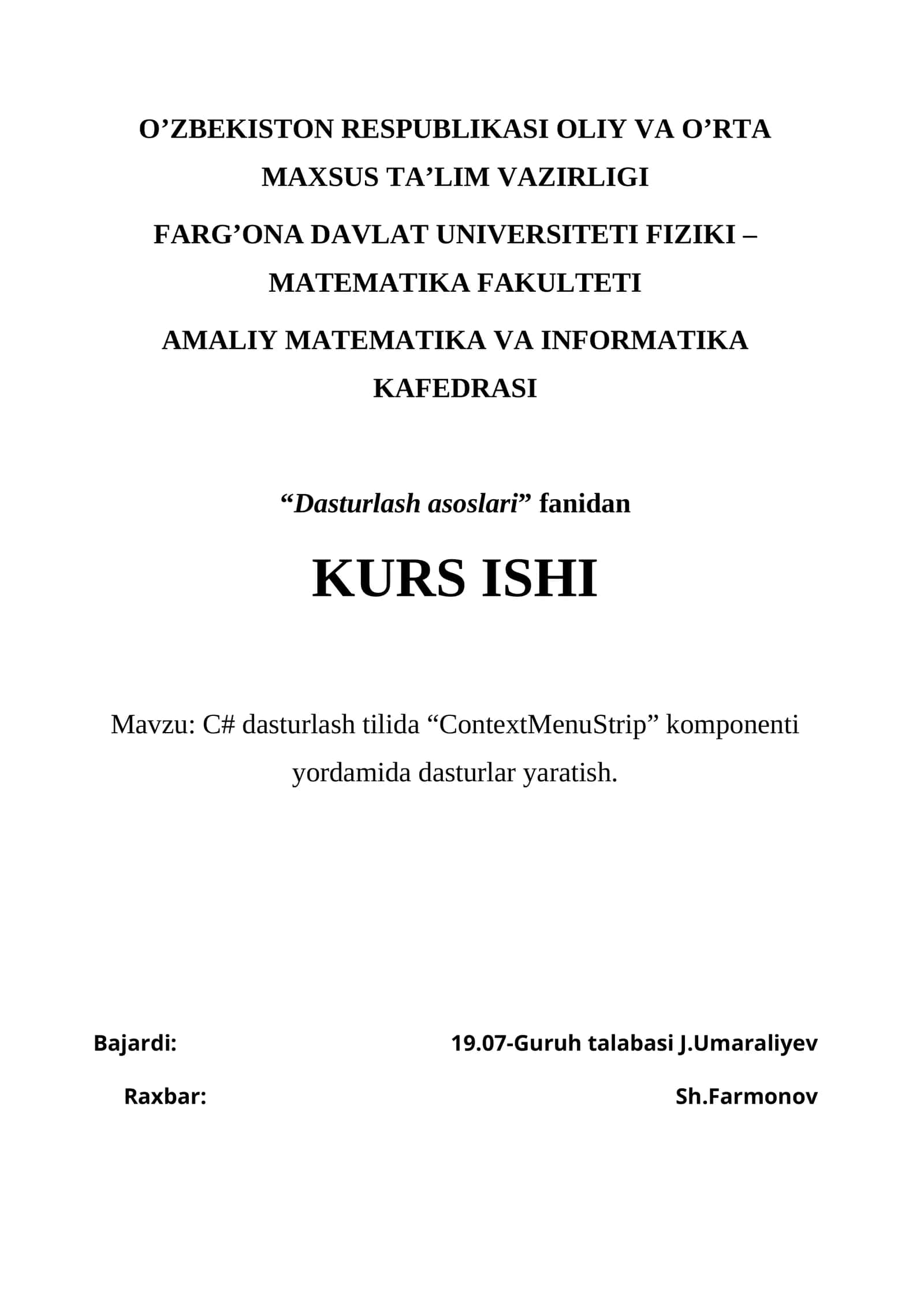 C# dasturlash tilida “ContextMenuStrip” komponenti yordamida dasturlar yaratish