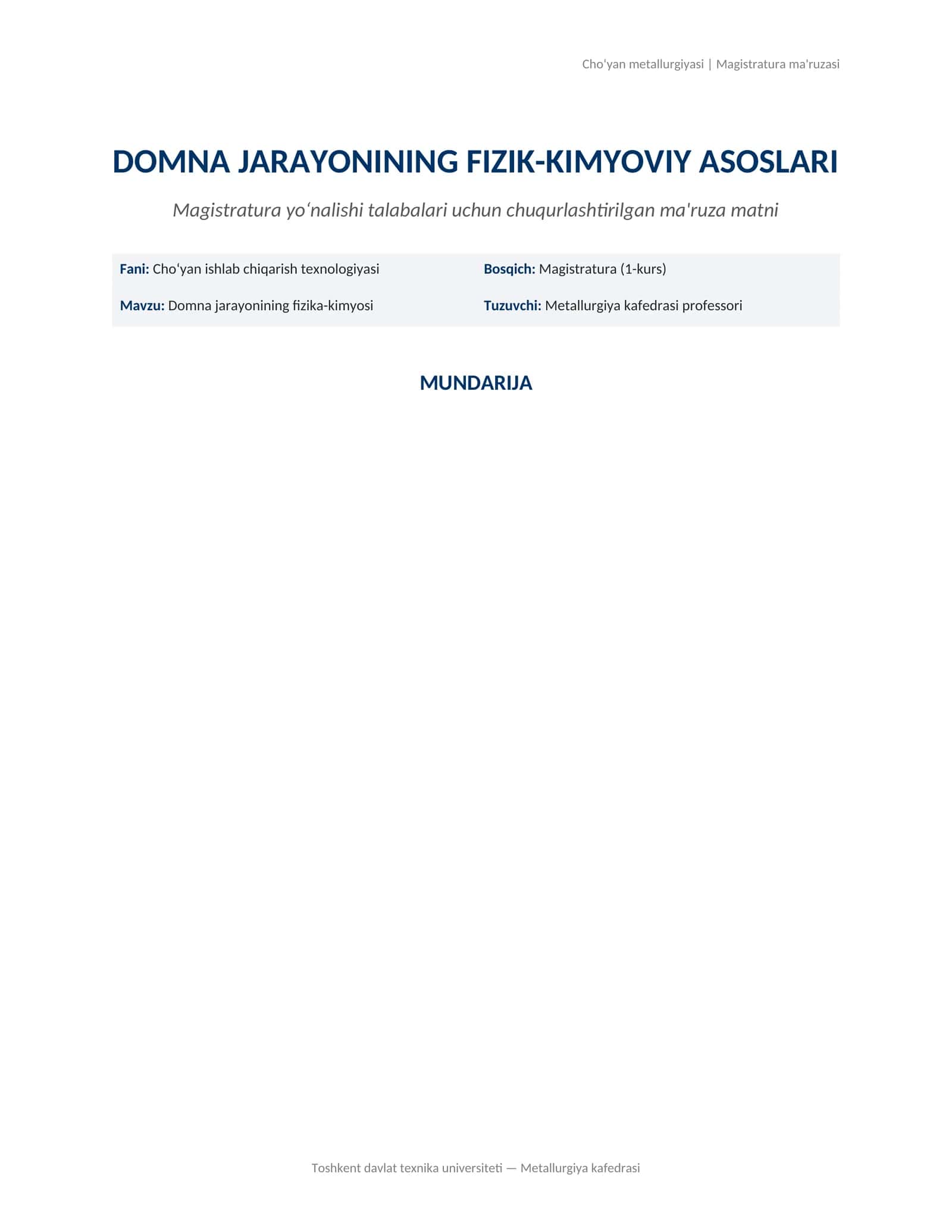 Domna jarayonining fizik-kimyovi asoslari