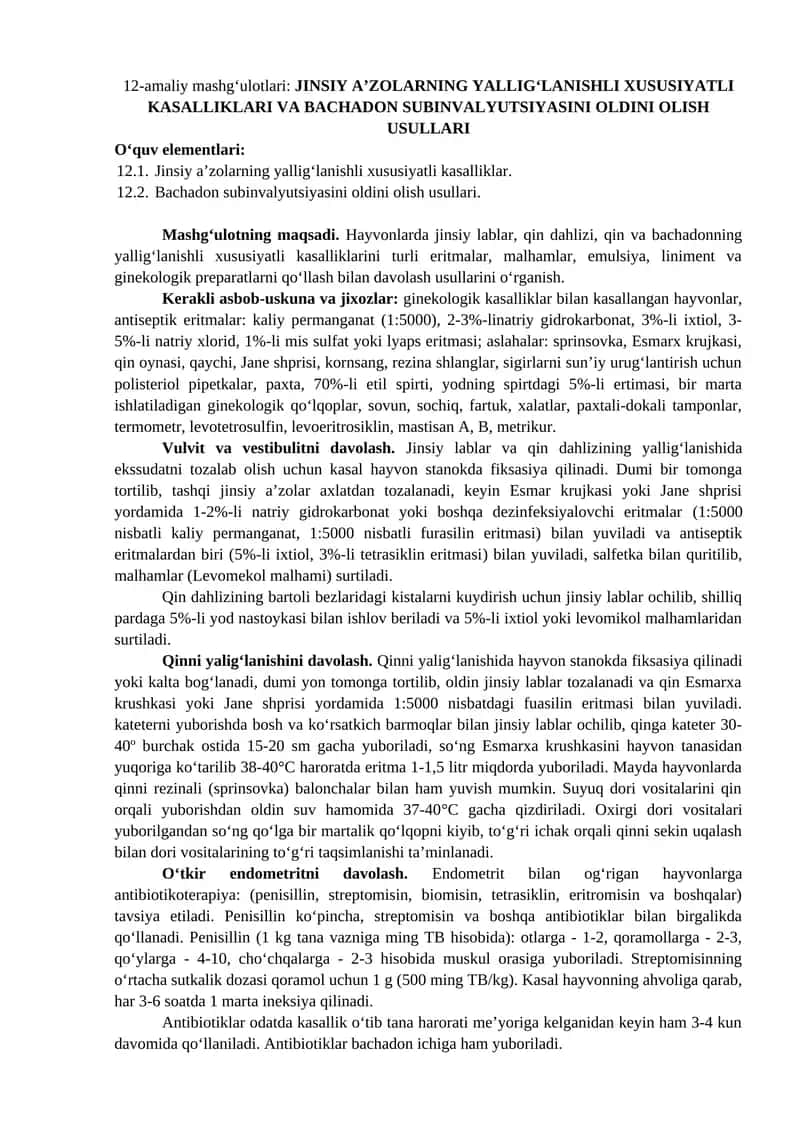 JINSIY A’ZOLARNING YALLIG‘LANISHLI XUSUSIYATLI KASALLIKLARI VA BACHADON SUBINVALYUTSIYASINI OLDINI OLISH USULLARI