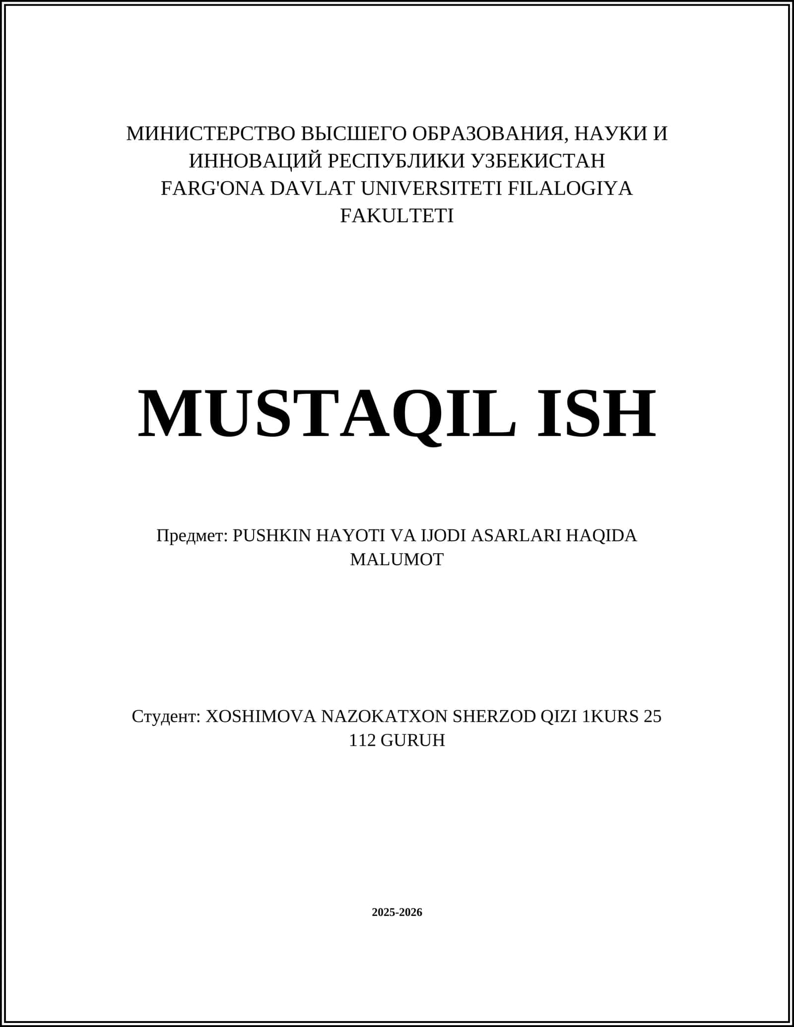 PUSHKIN HAYOTI VA IJODI ASARLARI HAQIDA MALUMOT