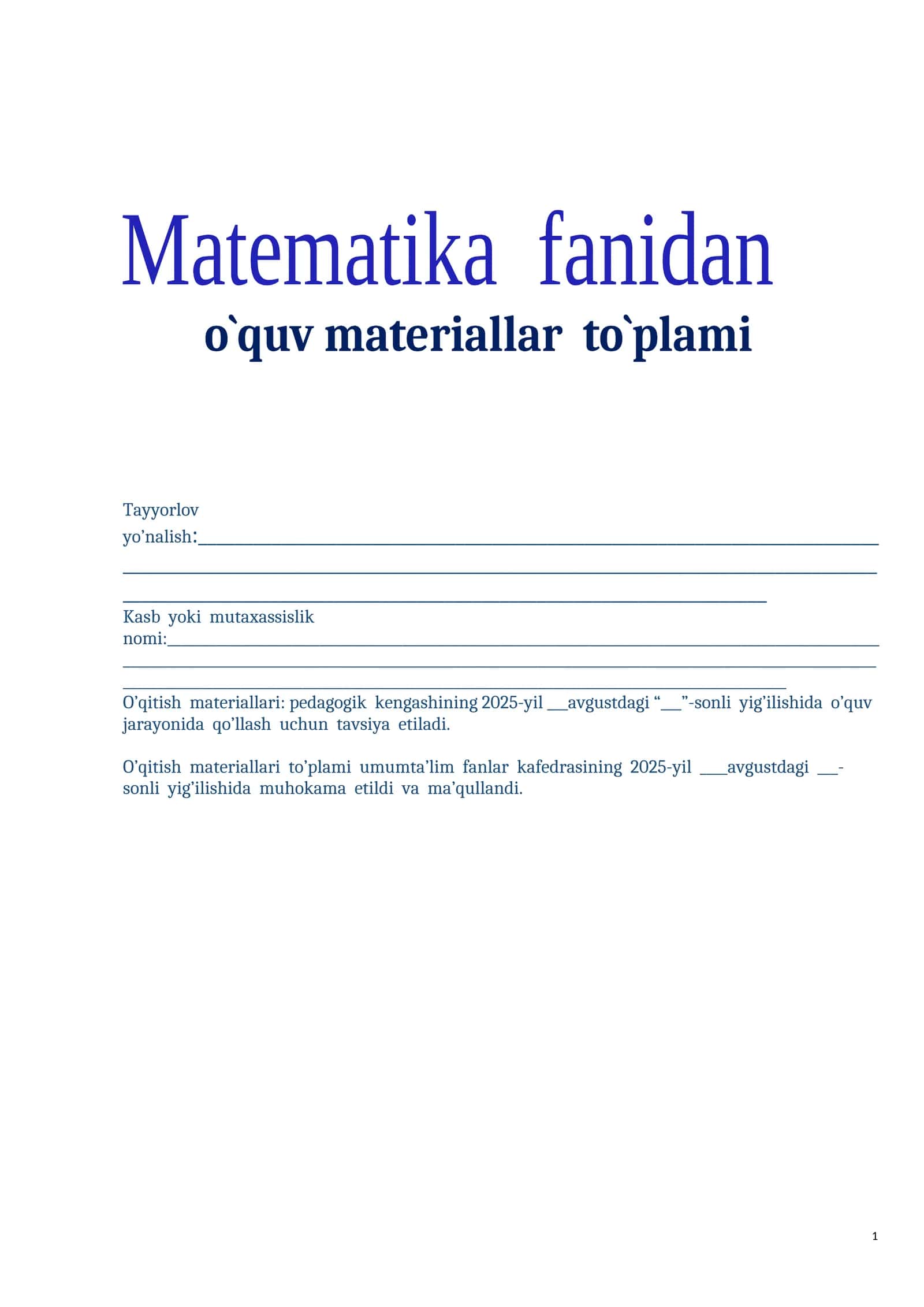 Matemetika fanidan o'qitish materiallari (2-kurs texnikum va kollejlar uchun)