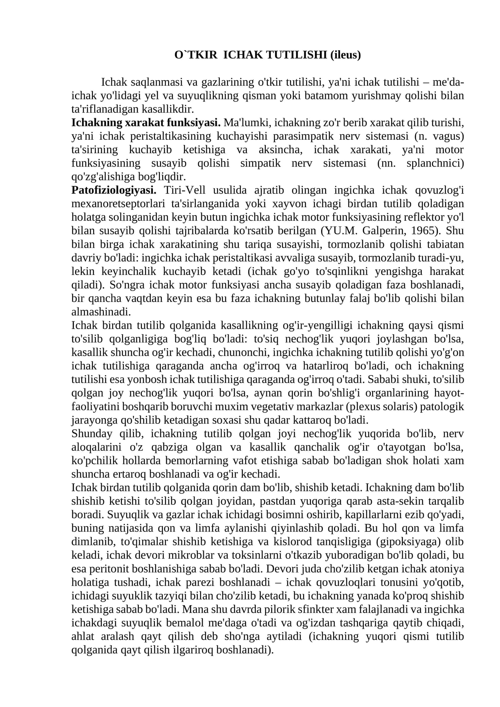 O`TKIR ICHAK TUTILISHI (ileus)
