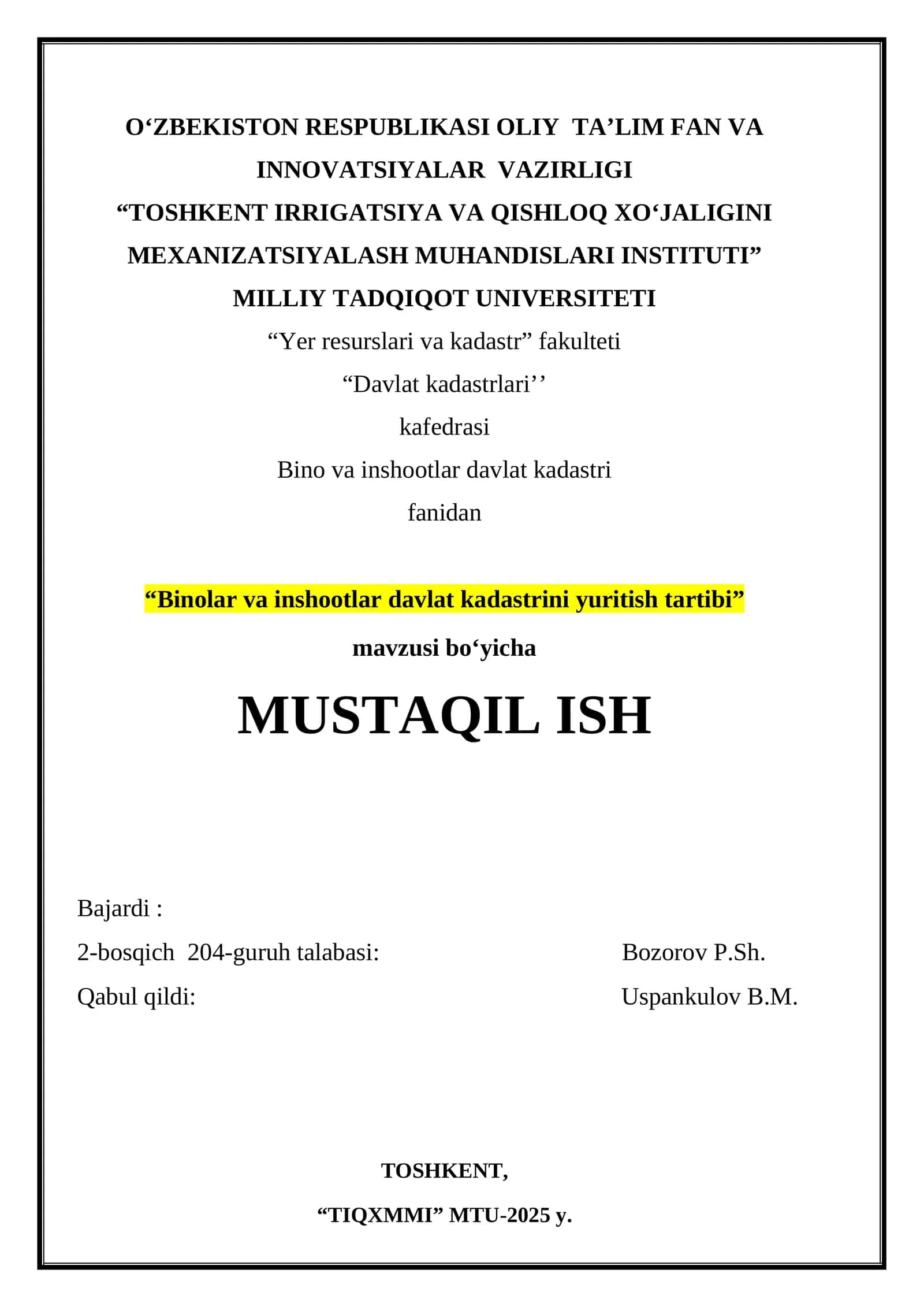 "Binolar va inshootlar davlat kadastrini yuritish tartibi"
