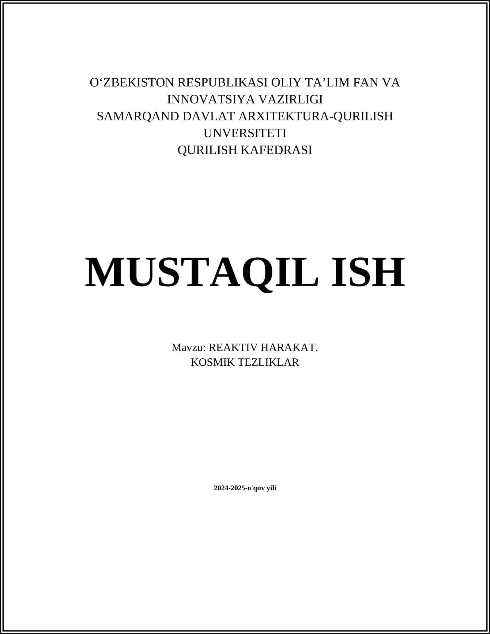 REAKTIV HARAKAT. KOSMIK TEZLIKLAR