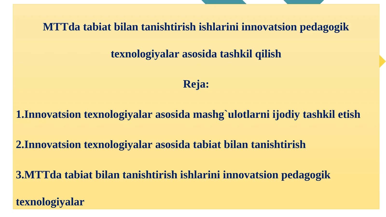 MTTda tabiat bilan tanishtirish ishlarini innovatsion pedagogik texnologiyalar asosida tashkil qilish
