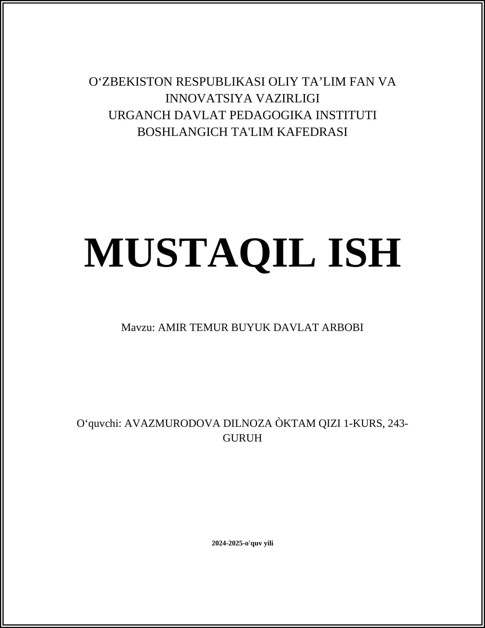 AMIR TEMUR BUYUK DAVLAT ARBOBI