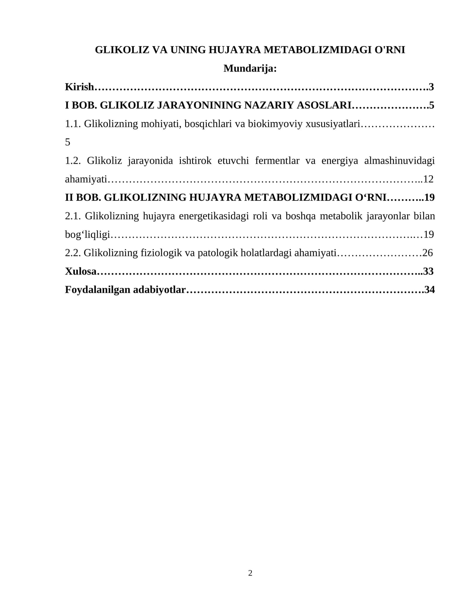 GLIKOLIZ VA UNING HUJAYRA METABOLIZMIDAGI O'RNI