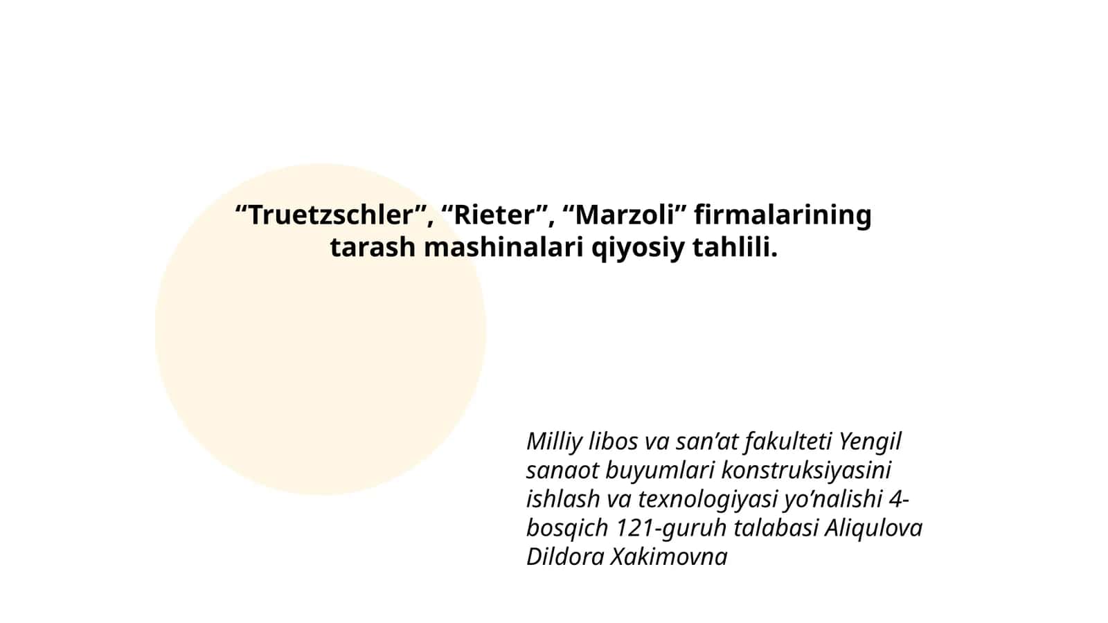 "Truetzschler", "Rieter", "Marzoli" firmalarining tarash mashinalari qiyosiy tahlili