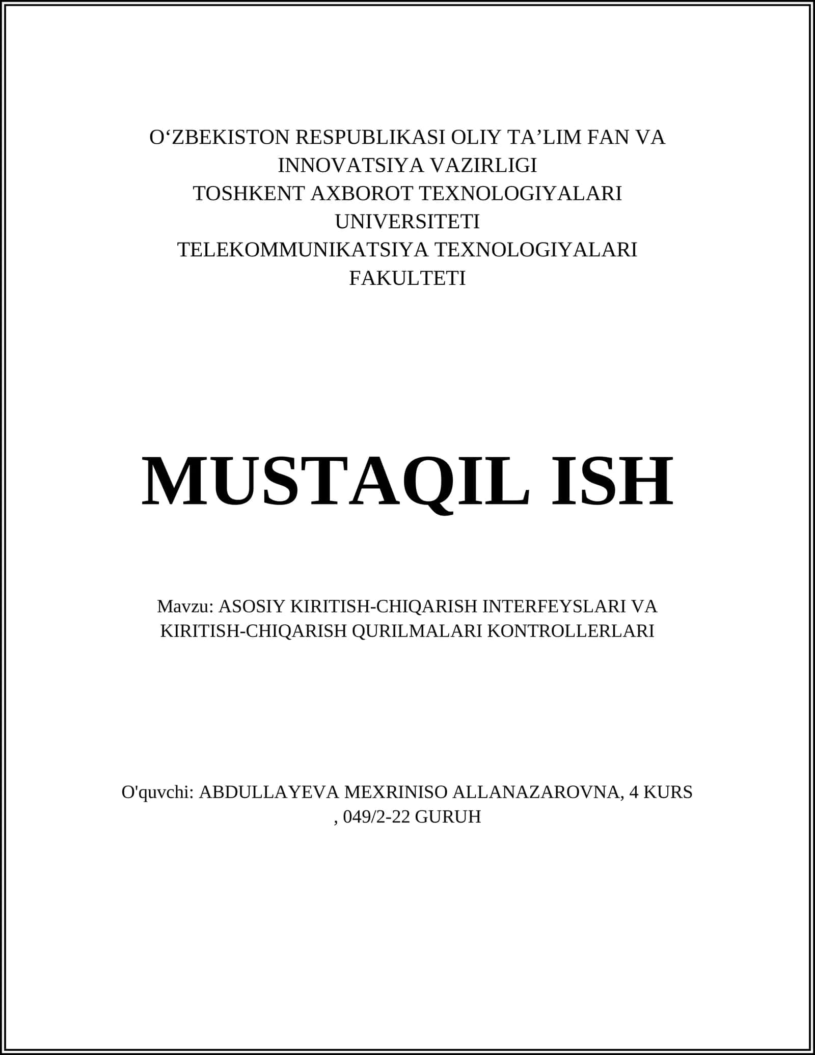 KIRITISH-CHIQARISH INTERFEYSLARI VA KIRITISH-CHIQARISH QURILMALARI KONTROLLERLARI