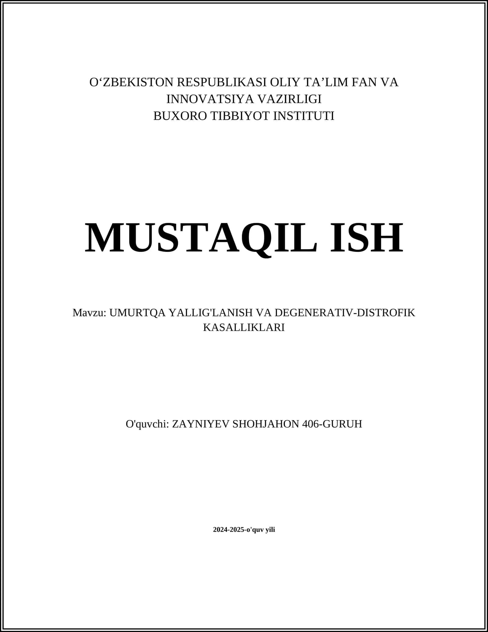 UMURTQA YALLIG'LANISH VA DEGENERATIV-DISTROFIK KASALLIKLARI