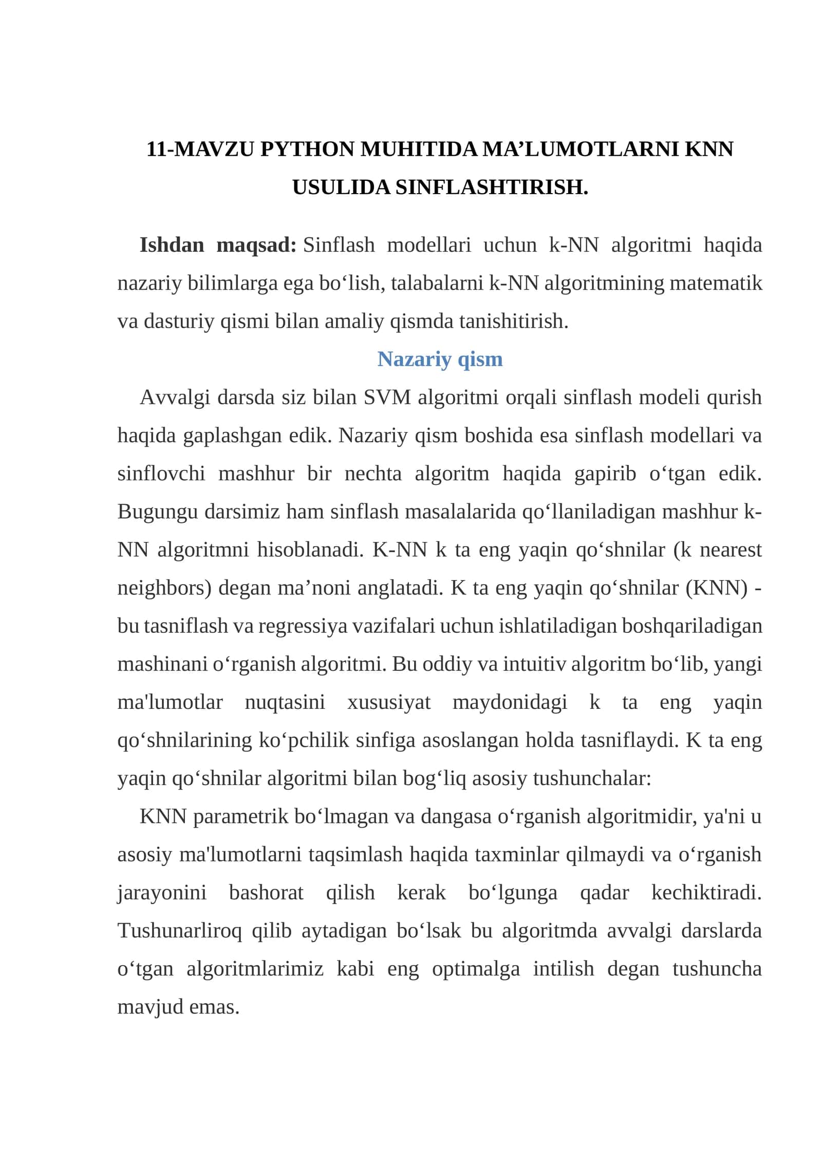 PYTHON MUHITIDA MA’LUMOTLARNI KNN USULIDA SINFLASHTIRISH