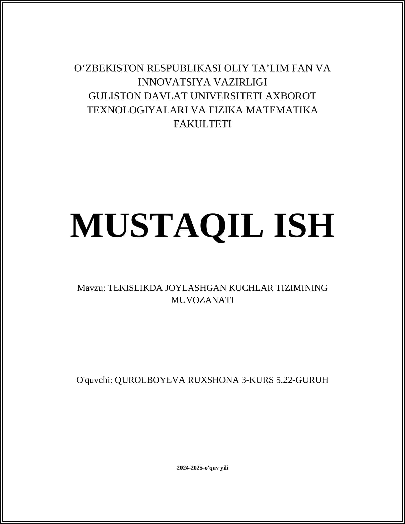 TEKISLIKDA JOYLASHGAN KUCHLAR TIZIMINING MUVOZANATI