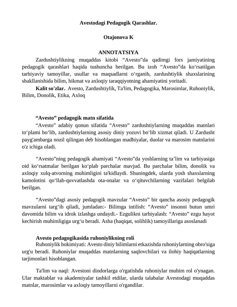Avestodagi Pedagogik Qarashlar
