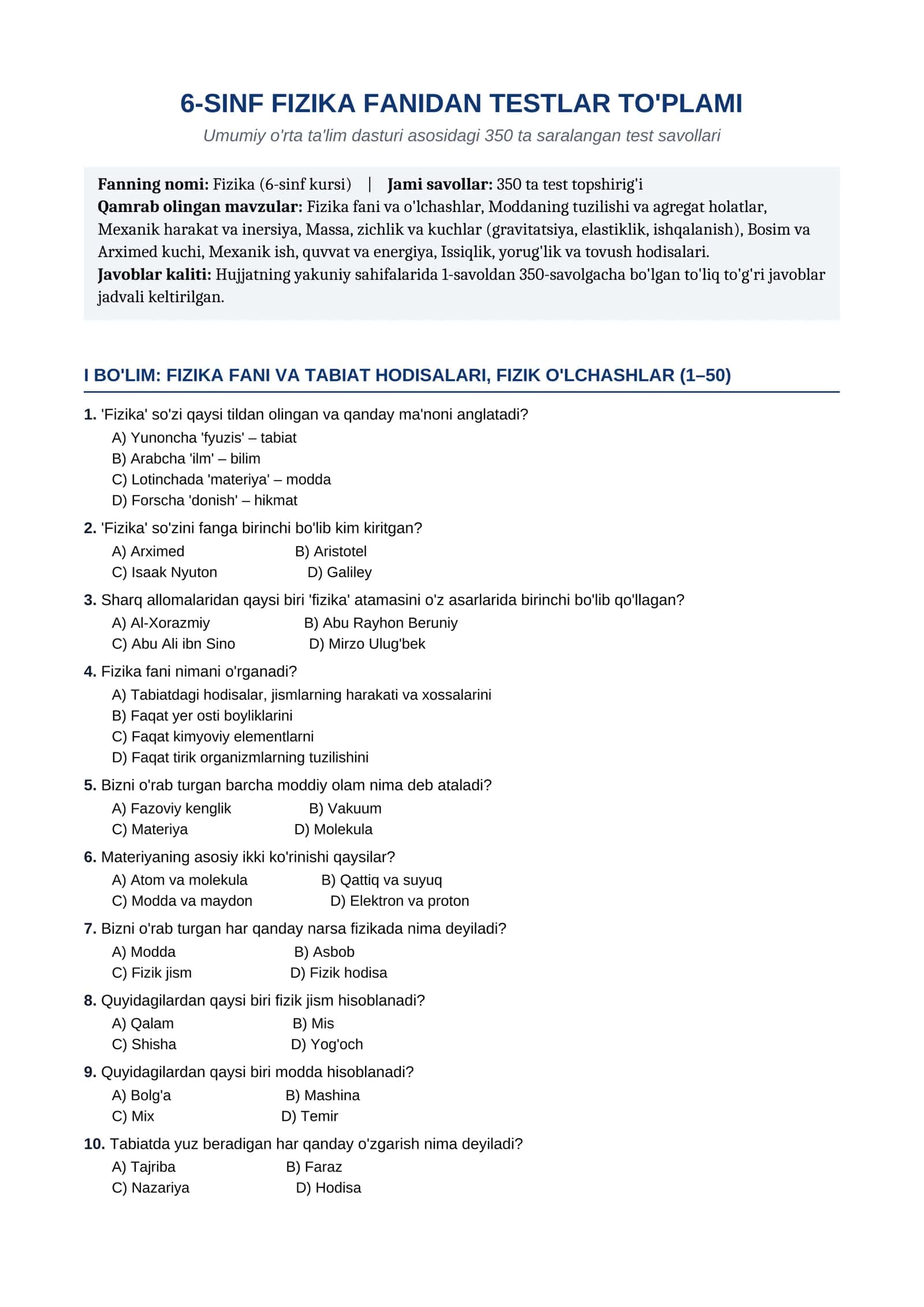 6-SINF FIZIKA FANIDAN TESTLAR TO'PLAMI
