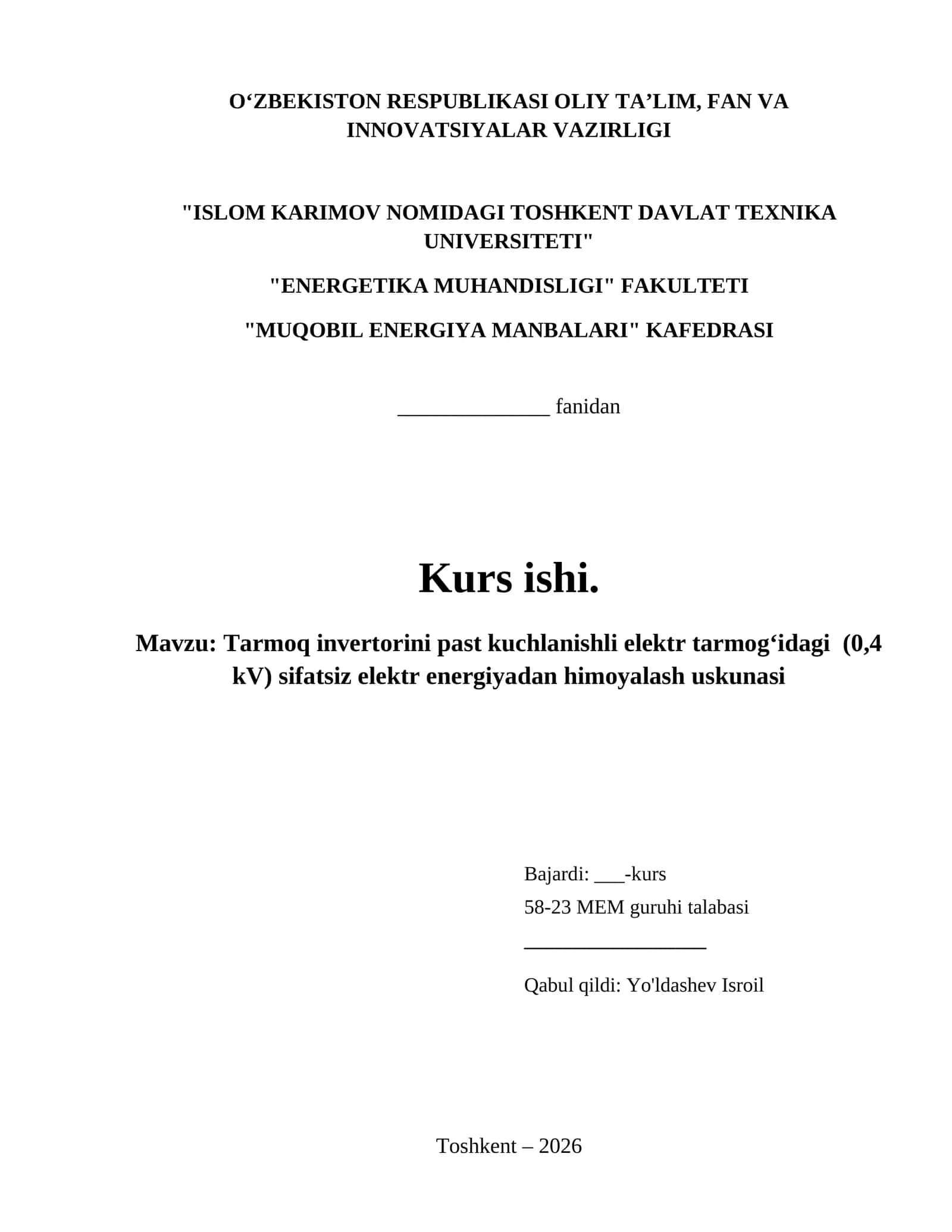 Tarmoq invertorini past kuchlanishli elektr tarmog‘idagi (0,4 kV) sifatsiz elektr energiyadan himoyalash uskunasi