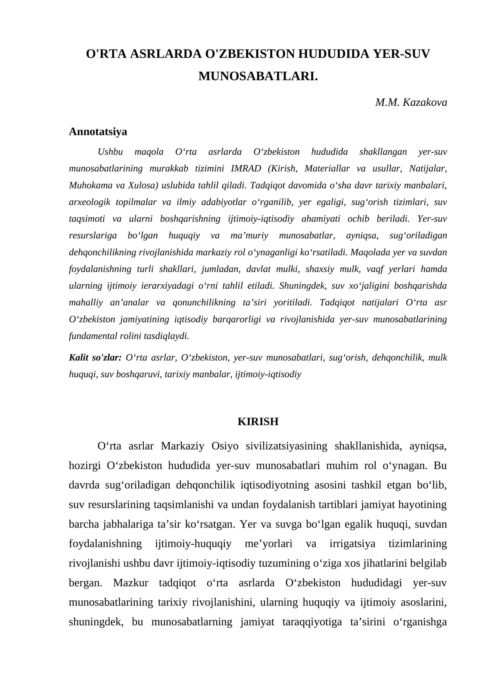 O'RTA ASRLARDA O'ZBEKISTON HUDUDIDA YER-SUV MUNOSABATLARI