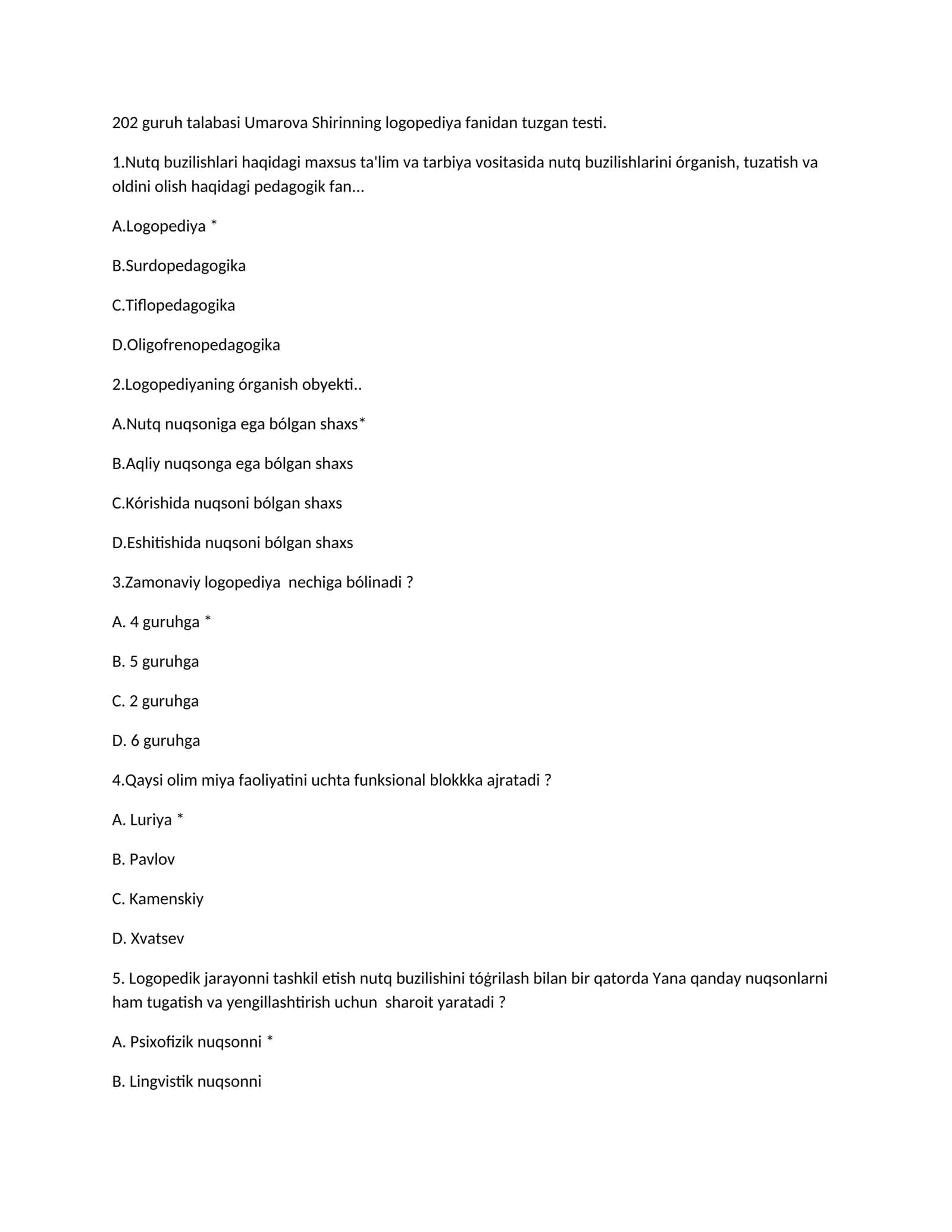 Logopediya fanidan tuzgan testi